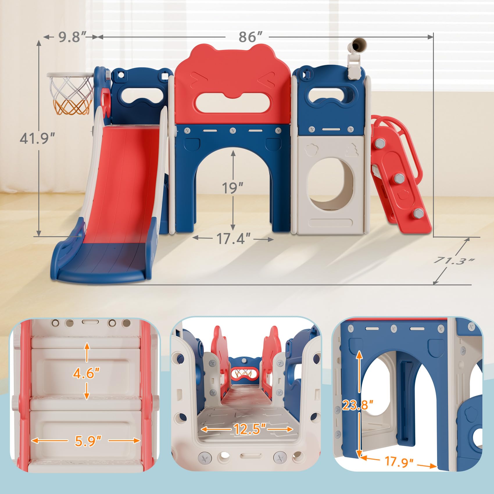Babytronic 8-in-1 Toddler Slide Playset for Kids Ages 1-3 | Indoor/Outdoor Baby Slide with Basketball Hoop & Telescope | Blue & Red Playground Toy for Toddlers | Perfect for Backyards, Playrooms & Daycare Centers