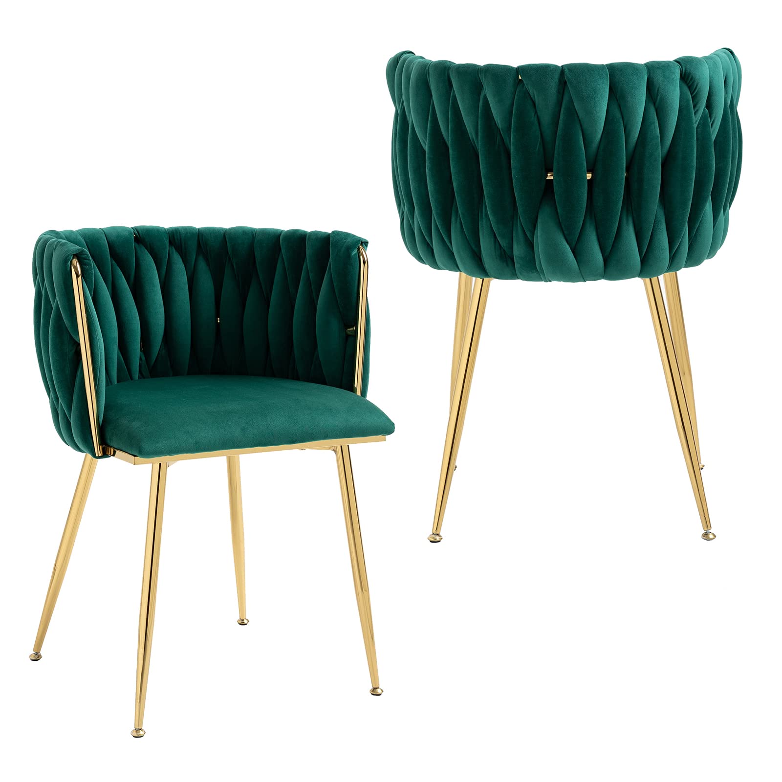 Modern Velvet Dining Chairs Set of 2 - Handwoven Upholstered Accent Chairs with Golden Metal Legs for Living Room, Dining Room & Kitchen Vanity | Emerald Green Luxury Seating for Home Decor & Entertaining