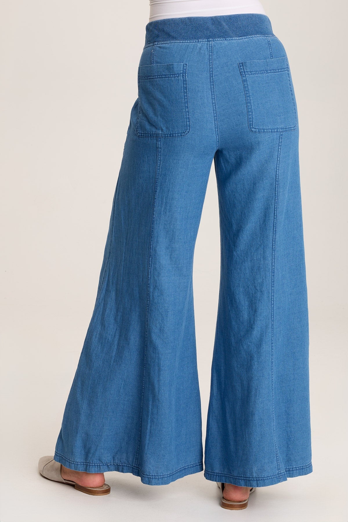 Florentine Mock Denim Wide Leg Pants for Women - High Waisted Stretch Comfort Pants - Casual Lounge, Work, and Travel Outfits