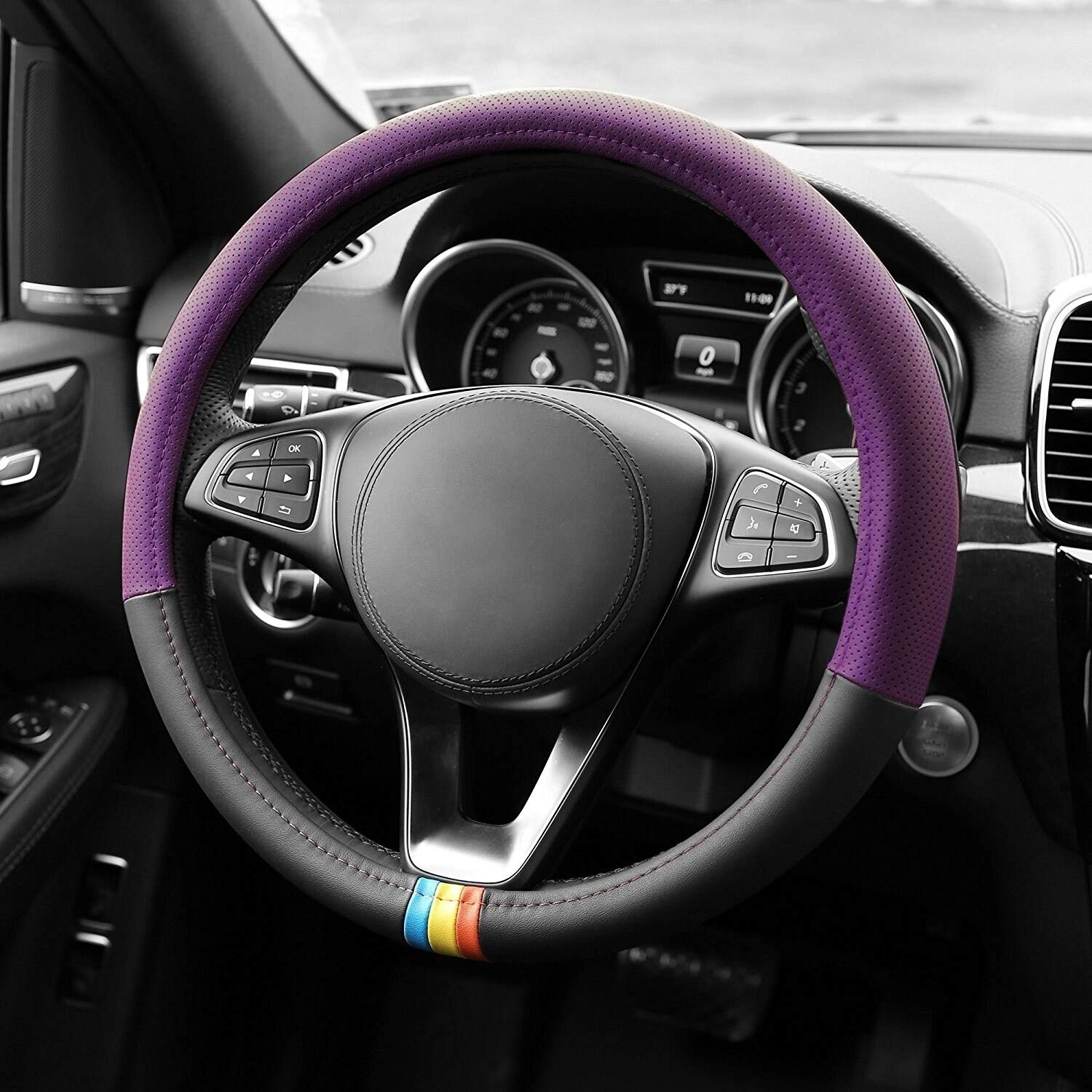 FH Group Full Spectrum Microfiber Leather Steering Wheel Cover - Universal Fit for Cars & SUVs, Non-Slip Grip, Purple - Perfect for Road Trips & Daily Commute