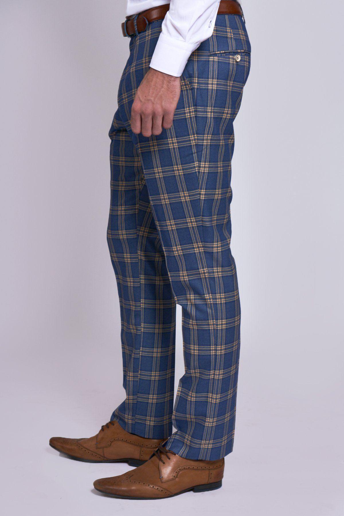 TONY Blue and Yellow Checkered Pants for Men - Casual Comfortable Trousers for Work, Office, and Everyday Wear