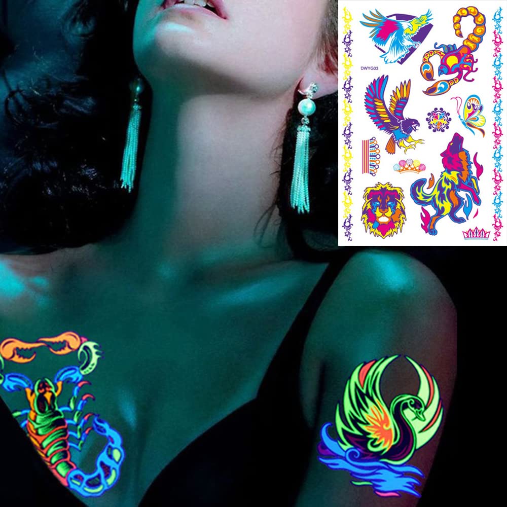 Glow in the Dark UV Neon Temporary Tattoos - Scorpion, Lion, Tiger, Wolf & Armband Designs | Waterproof Fake Tattoo Stickers for Women, Men & Kids | 21x15CM Body Art for Parties, Festivals & Cosplay