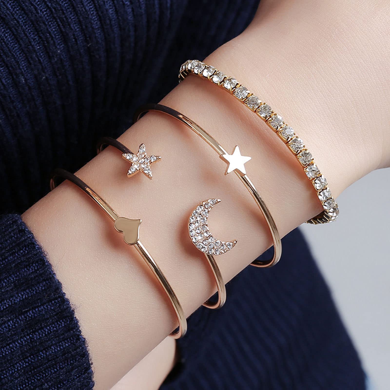 Layered Moon Star Bracelet - Gold Rhinestone Tennis Chain Cuff Bracelet Set for Women, Vintage Crystal Hand Chain Jewelry, 4Pcs - Perfect for Parties, Weddings & Everyday Wear
