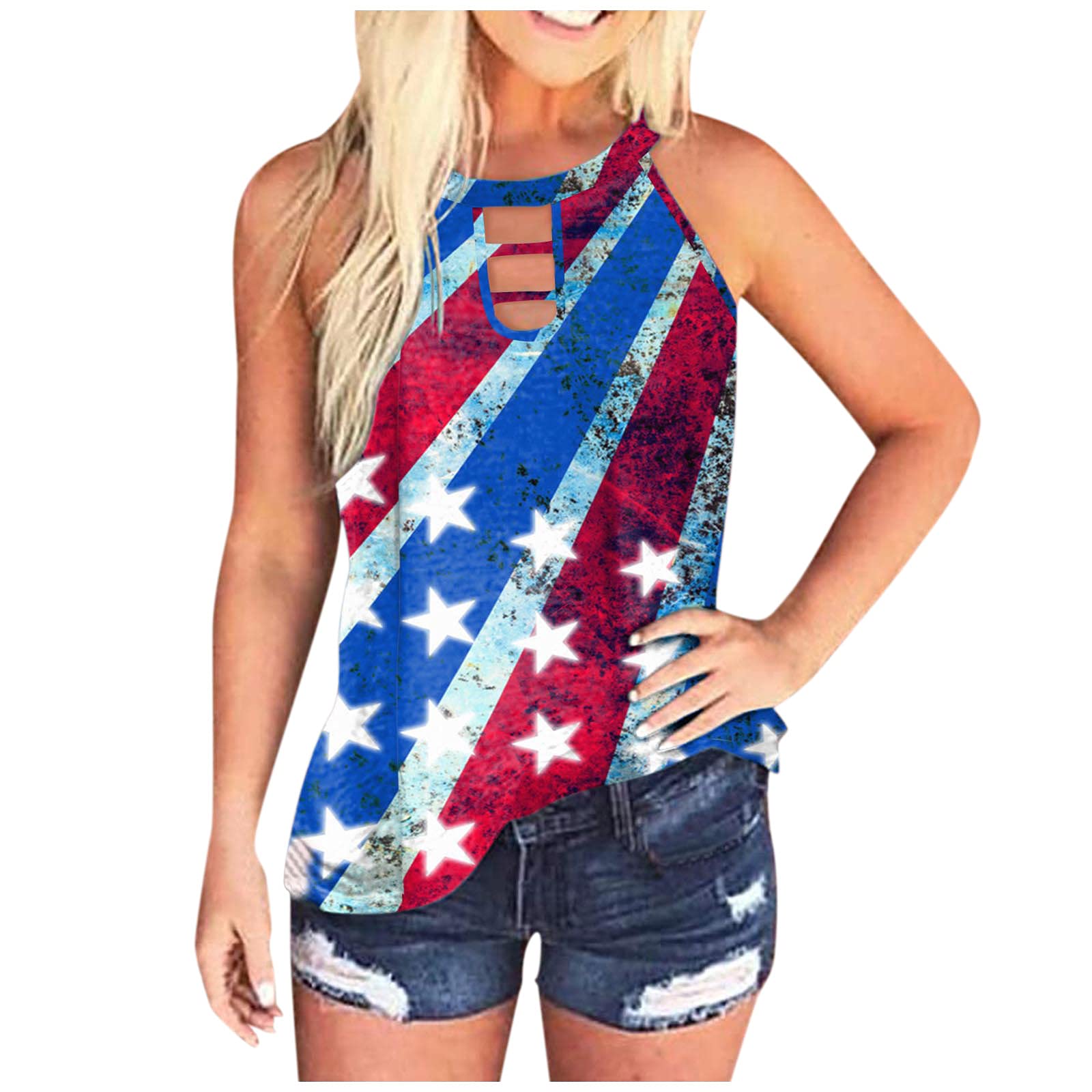 Bidobibo Women's American Flag Shirt - Independence Day Sleeveless Crewneck Vest Top with Strapless Design | Patriotic Apparel for 4th of July Celebrations, BBQ Parties & Summer Festivals