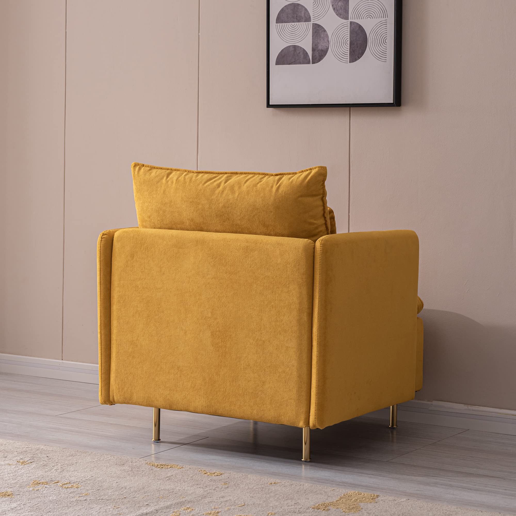 Kevinplus Modern Accent Chair - Mid-Century Armchair with Gold Metal Legs & Cotton Linen Fabric in Yellow | Comfortable Living Room, Bedroom Lounge Chair | Perfect for Reading Nook, Home Office, or Cozy Corner Decor