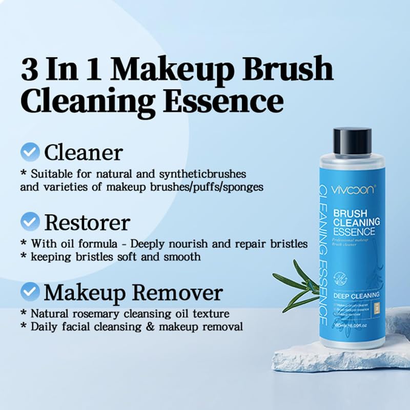 3 in 1 Makeup Brush Cleaner & Restorer with Makeup Remover - Deep Cleans Brushes, Sponges & Puffs - Fragrance Free, Paraben Free, Hypoallergenic (180ml) - Perfect for Daily Brush Care & Professional Makeup Artists