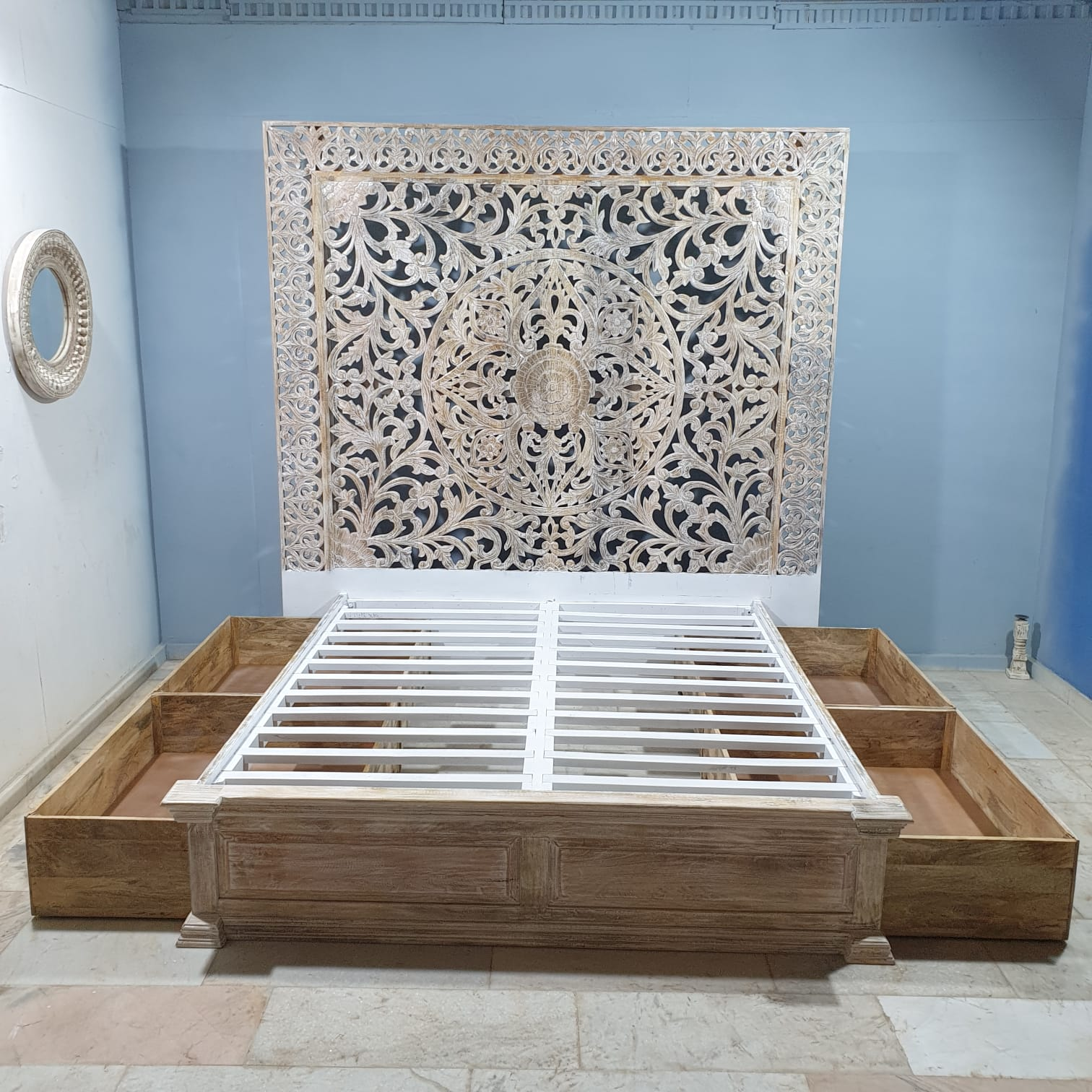 Handmade Carved Indian Wood King Size Bed (183x203cm) - Whitewashed Solid Wood Furniture for Master Bedroom & Guest Room Decor