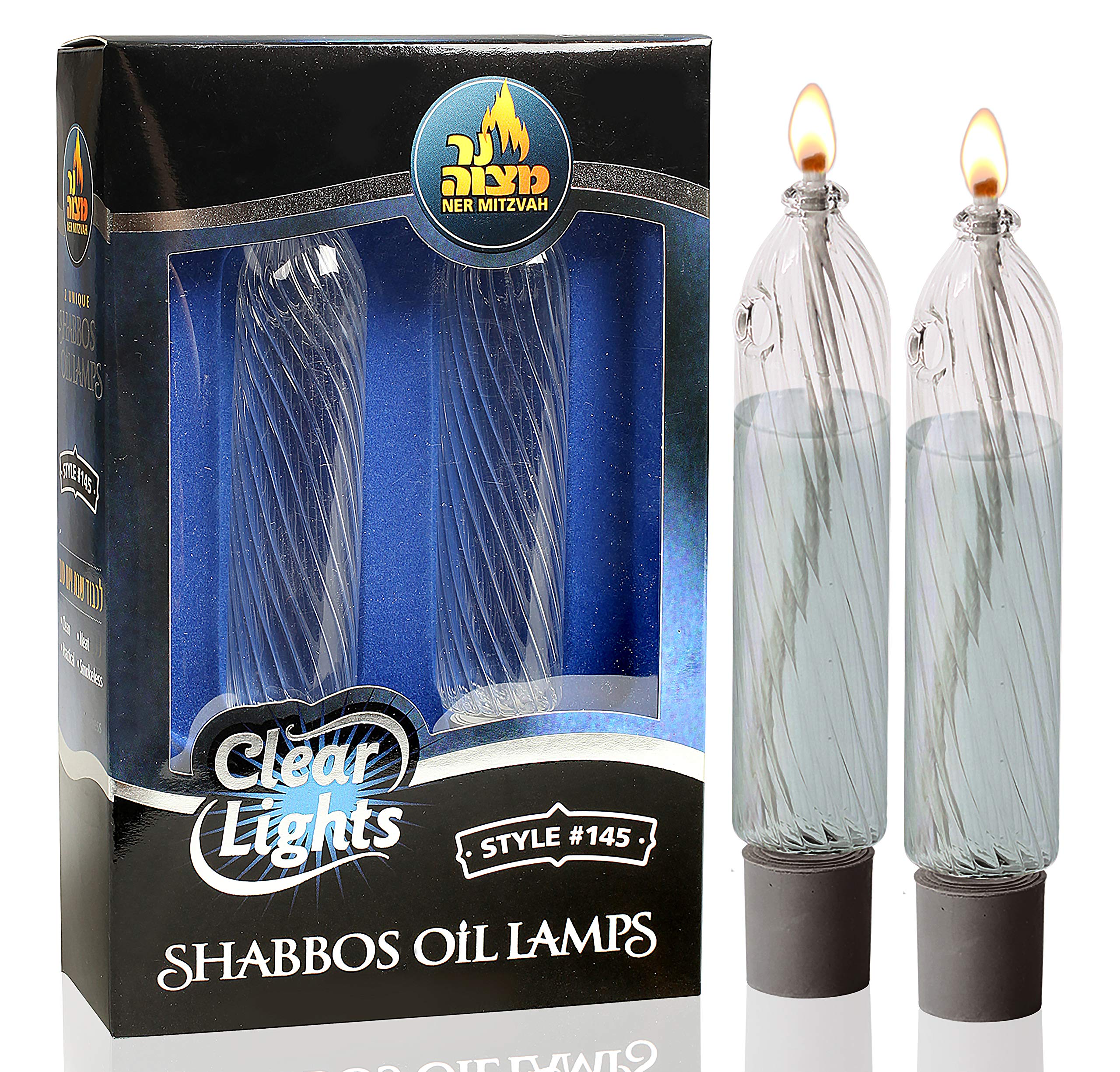 Glass Paraffin Shabbat Candle Holder Cup with Wick – Lined Candle Shape for All Standard Candlesticks – Mess-Free Refill with Any Lamp Oil – 4”H (10cm) – 2 Pack – Perfect for Jewish Sabbath, Hanukkah & Holiday Candle Lighting Ceremonies