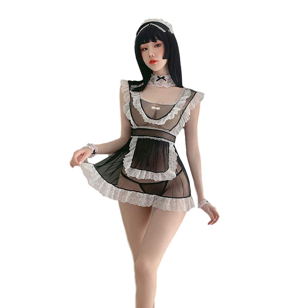 Sexy French Maid Lingerie Costume for Women - Black Lace Cosplay Outfit with Panty Set | Halloween, Role Play, Boudoir Photoshoot