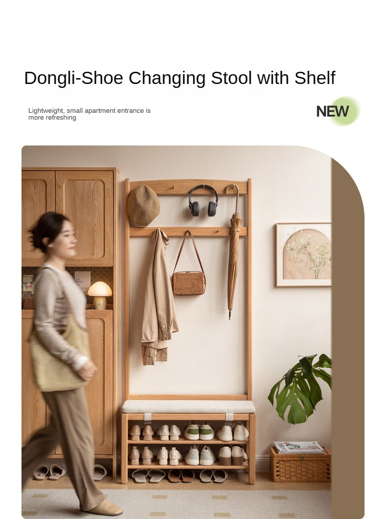 Solid Oak Wood Shoe Bench with Hooks - Entryway Organizer & Shoe Storage Stool for Hallway, Bedroom, or Mudroom