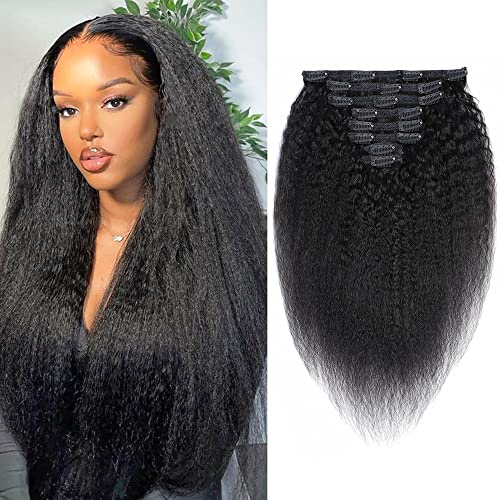 100% Human Hair Clip-In Extensions - 8-Piece Yaki Kinky Straight Weave 120g Set (20 Inch) for Black Women | 10A Grade Virgin Hair for Thin Hair & Natural Look | Perfect for Daily Styling, Parties & Special Occasions