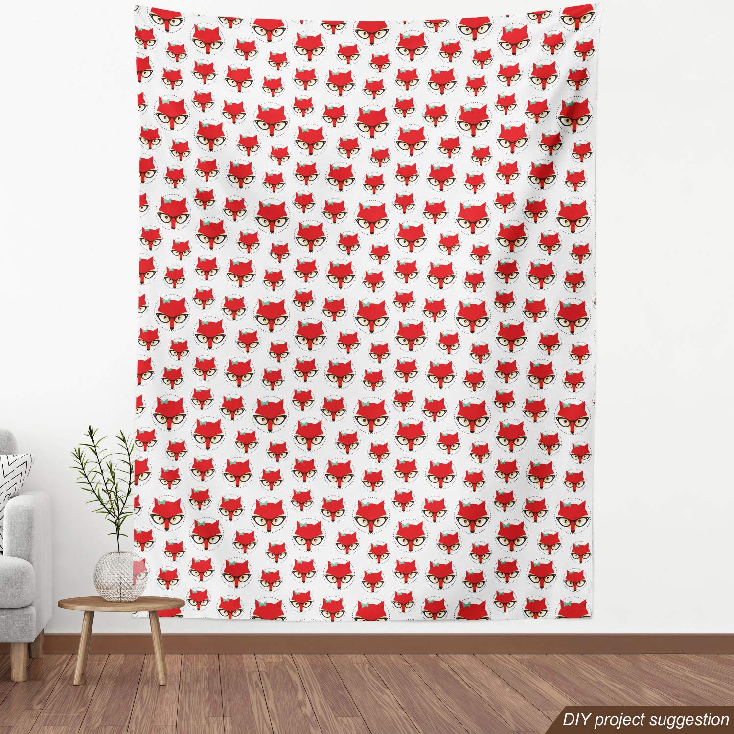 Ambesonne Fox Print Fabric by The Yard - Cartoon Hipster Fox with Glasses in Polka Dot Circle - 10 Yards Upholstery Fabric for Sofa, Curtains & Home Decor (Mint Green/Beige/Red) - Perfect for DIY Pillows, Table Runners & Craft Projects