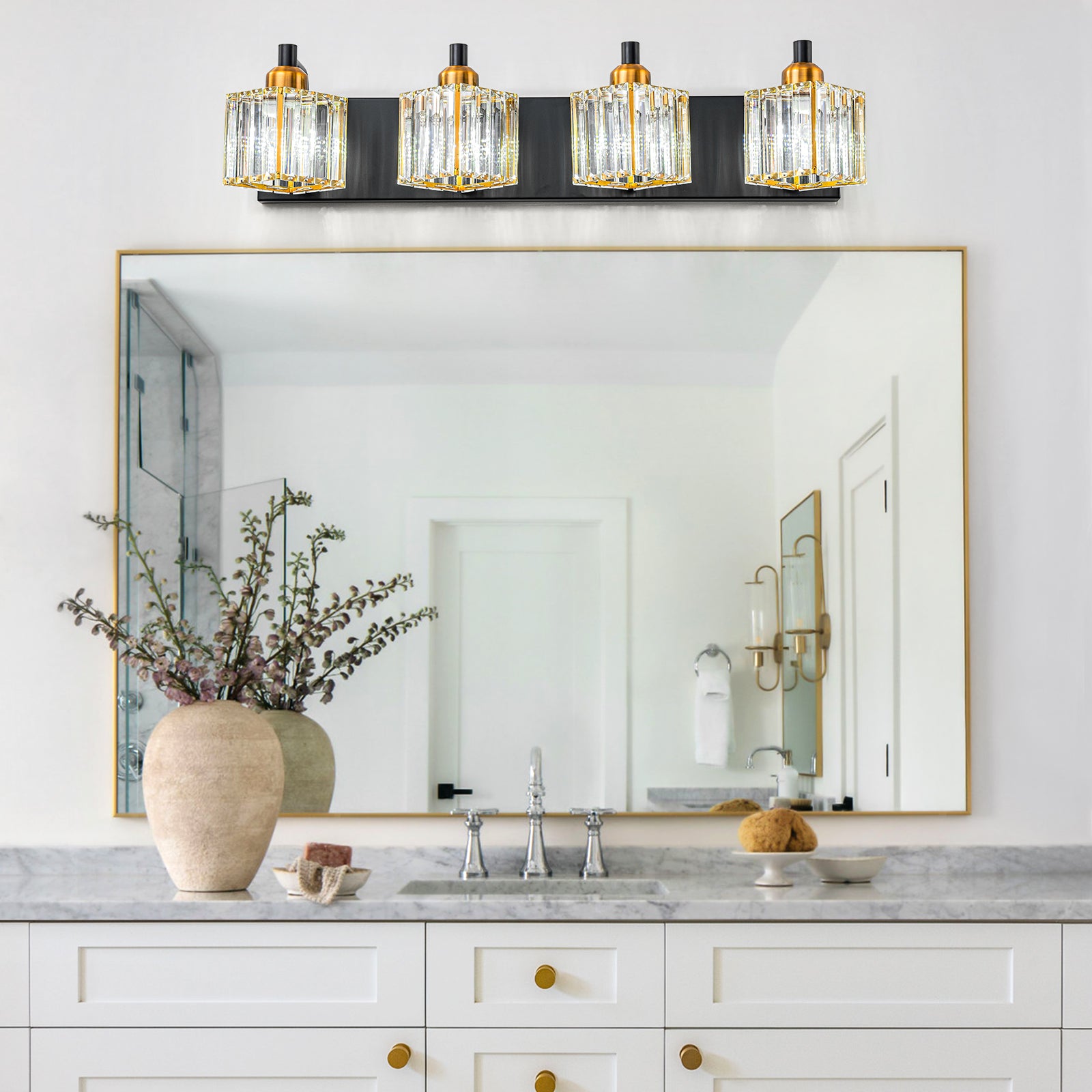 Glowlings 3/4/5 Light Modern Square Crystal Bathroom Vanity Wall Sconce - Elegant Lighting Fixture for Bathroom, Powder Room & Dressing Area