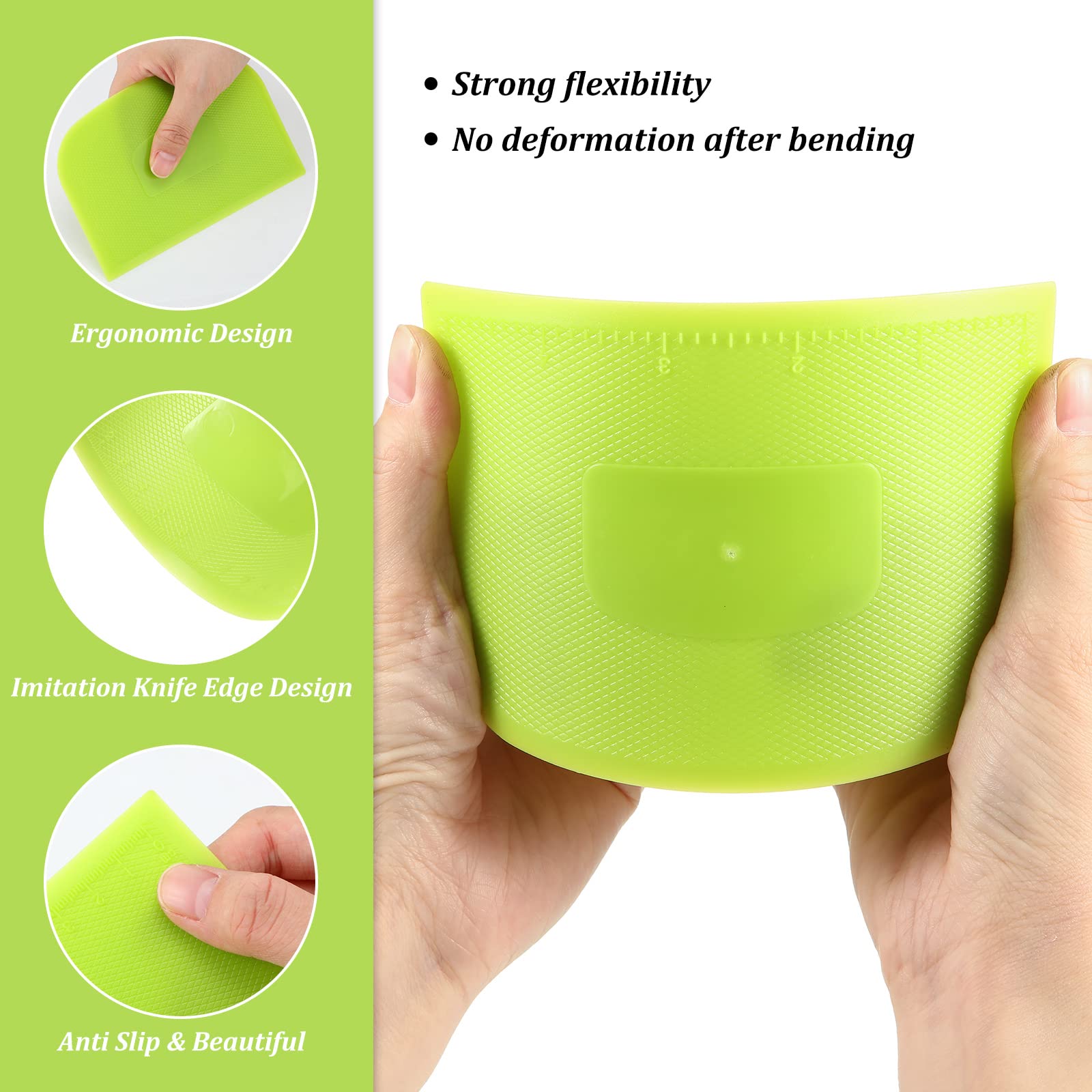 4-Piece Flexible Plastic Dough Scraper Set - Multi-Purpose Bowl Scraper & Food Cutter for Baking Bread, Cakes, Fondant Icing (White, Green, Yellow, Red) - Perfect for Home Bakers & Professional Kitchens