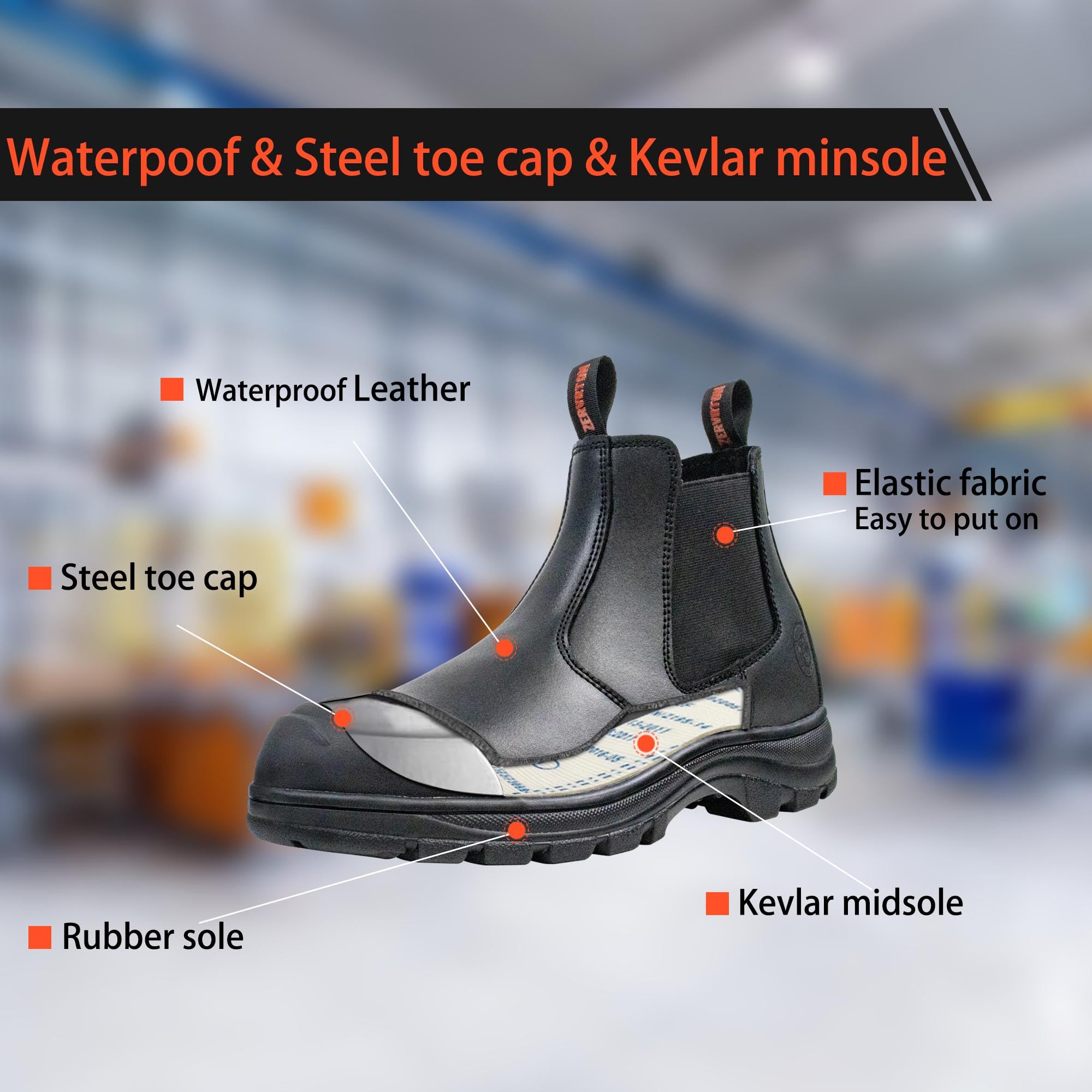 ZERVRTON Men's Steel Toe Work Boots - Slip On Safety Shoes for Industrial & Construction Workers - Waterproof, Non-Slip, Lightweight & Comfortable - Perfect for Warehouse, Factory & Outdoor Job Sites