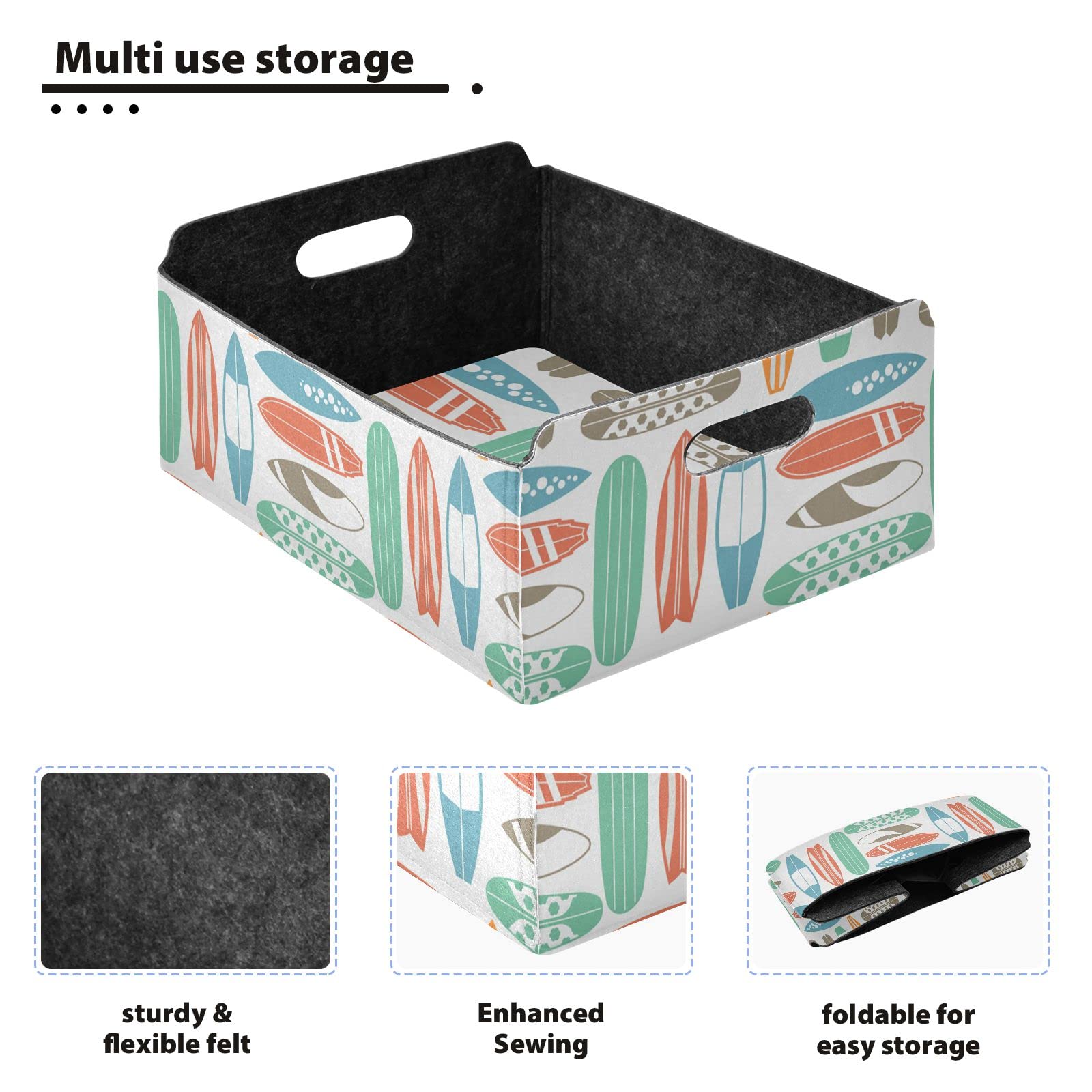 Retro Color Sea Surfing Surfboard Rectangular Desk Organizer Tray - Felt Cloth Jewelry & Vanity Storage Plate, Detachable & Foldable for Counter Tissues & Valet Tray - Perfect for Home Office, Bathroom, and Dressing Table Organization