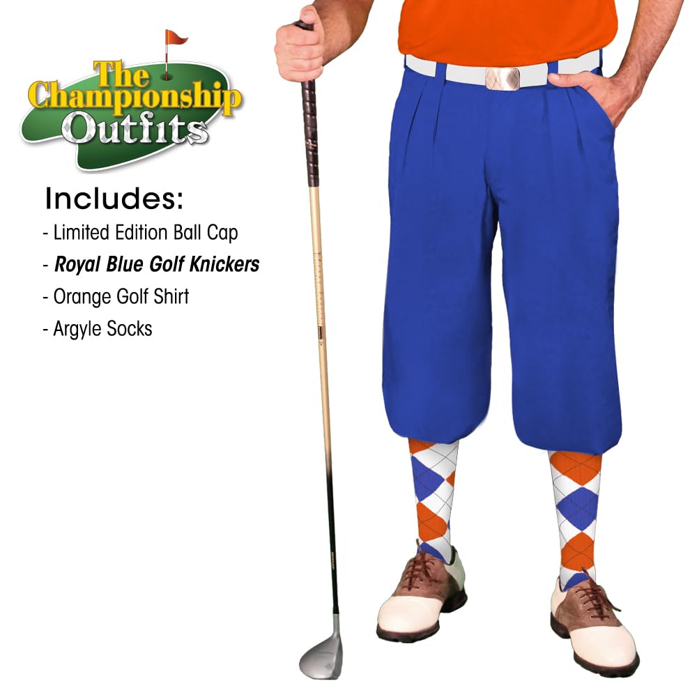 Royal Blue Microfiber Men's Outfit Set - Limited Edition Ball Cap, Over-The-Calf Argyle Socks & Orange Golf Shirt | Perfect for Golfing, Casual Wear & Sports Events