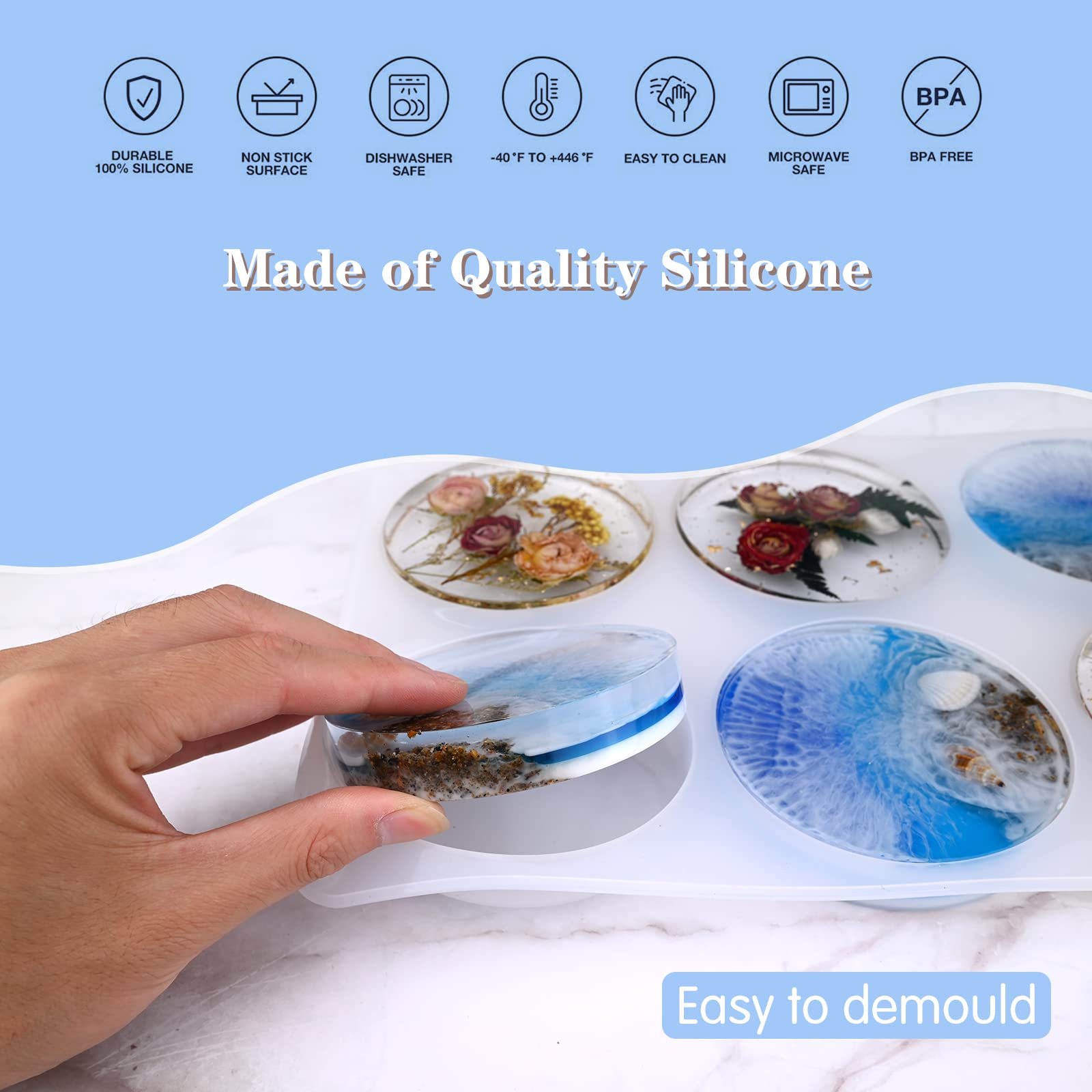 6-Cavity Round Silicone Coaster Molds for Epoxy Resin - DIY Flower Preservation & Custom Coaster Making - Perfect for Resin Crafts, Home Decor, and Unique Gift Ideas