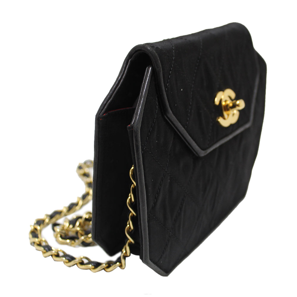 Authentic Chanel Vintage Black Satin Octagon Classic Chain Bag - Luxury Designer Handbag for Women | Perfect for Evening Parties, Weddings & Special Occasions