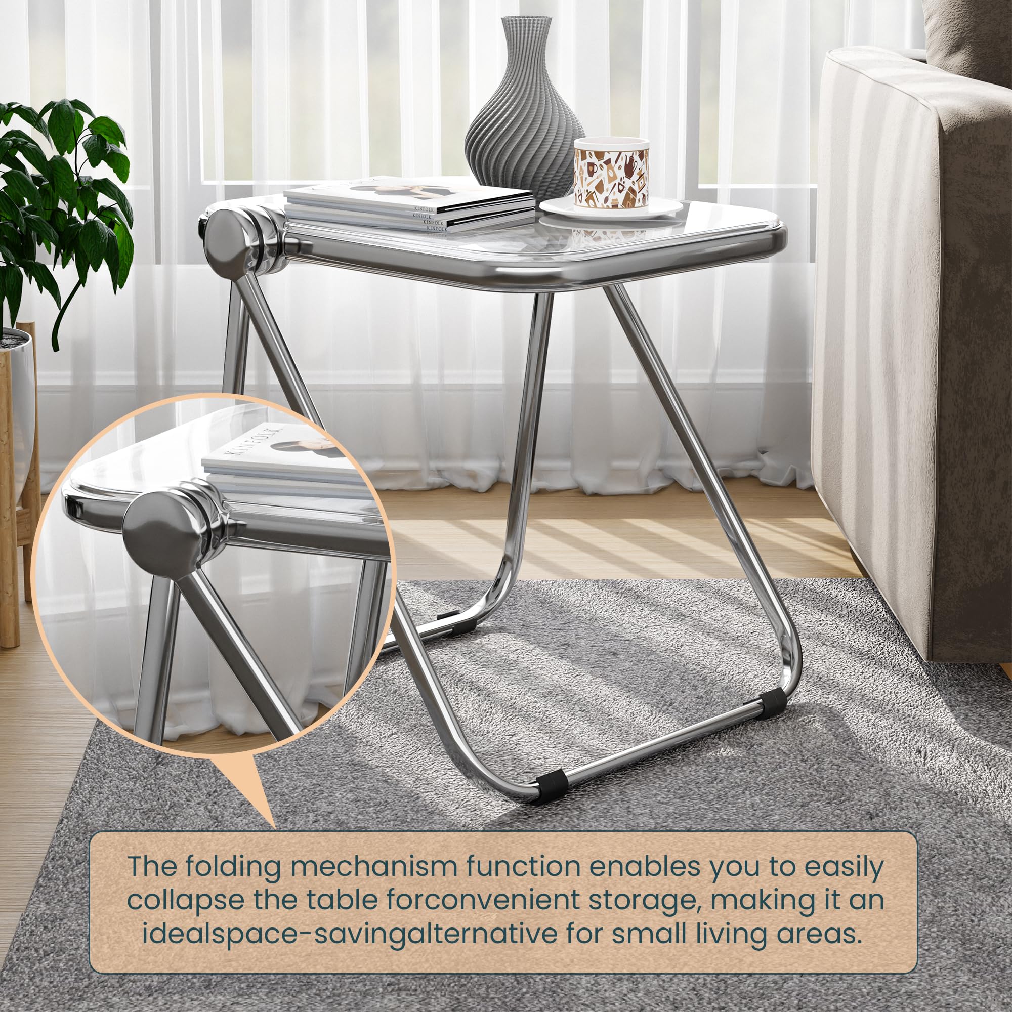 LeisureMod Lawrence Mid-Century Modern Rectangular Folding Side Table - Chrome Finish with Durable Plastic Tabletop & Sturdy Aluminum Frame - Perfect for Living Room, Bedroom, Office or Patio - Space-Saving & Stylish Home Decor
