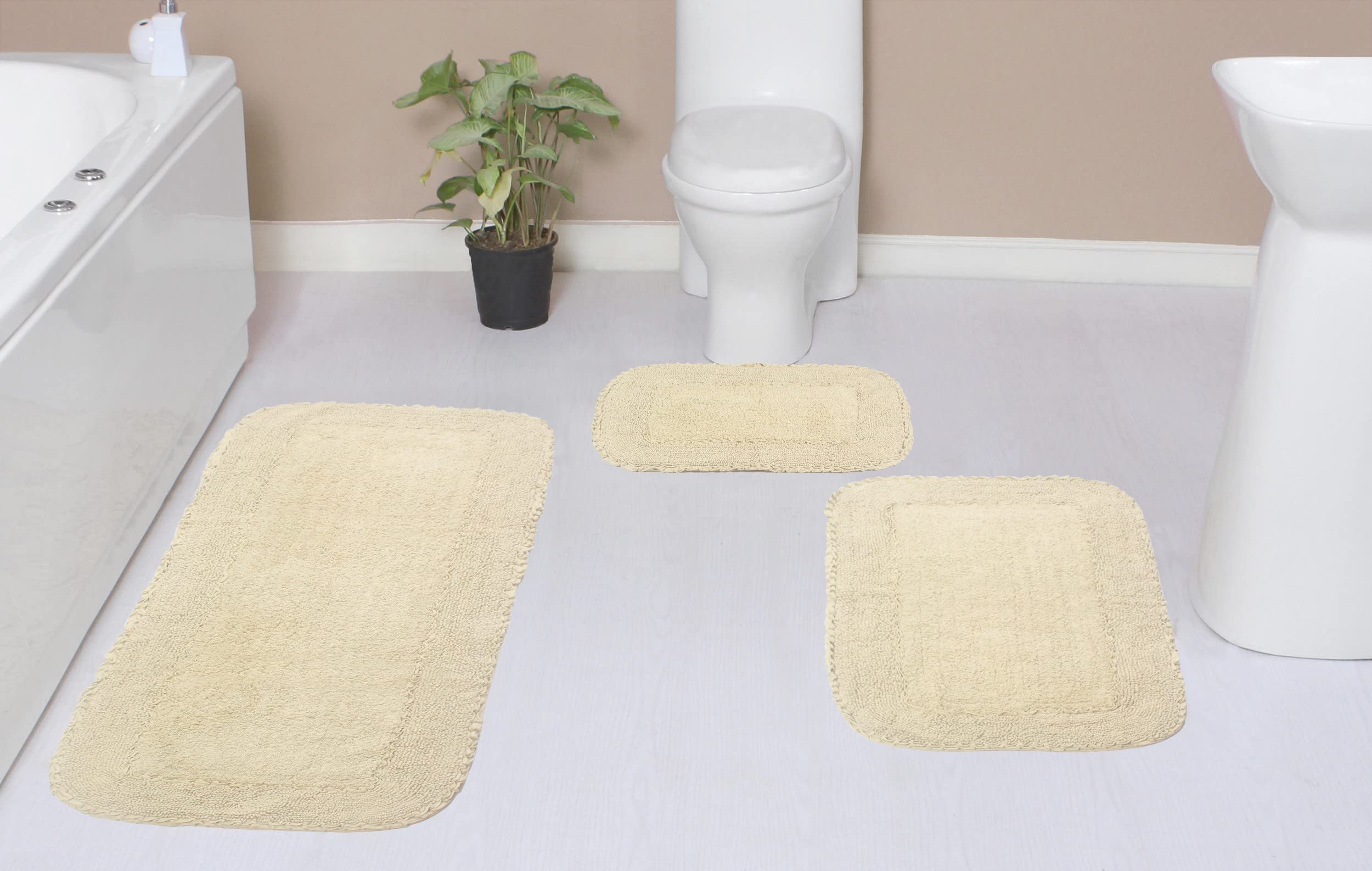 Premium 100% Cotton Bathroom Rugs Set - Ultra Soft & Absorbent Non-Slip Bath Mat with Runner - Machine Washable 3-Piece Ivory Collection for Bathroom & Kitchen Floor - Home Weavers Radiant Collection - Perfect for Bathroom Safety & Cozy Home Decor