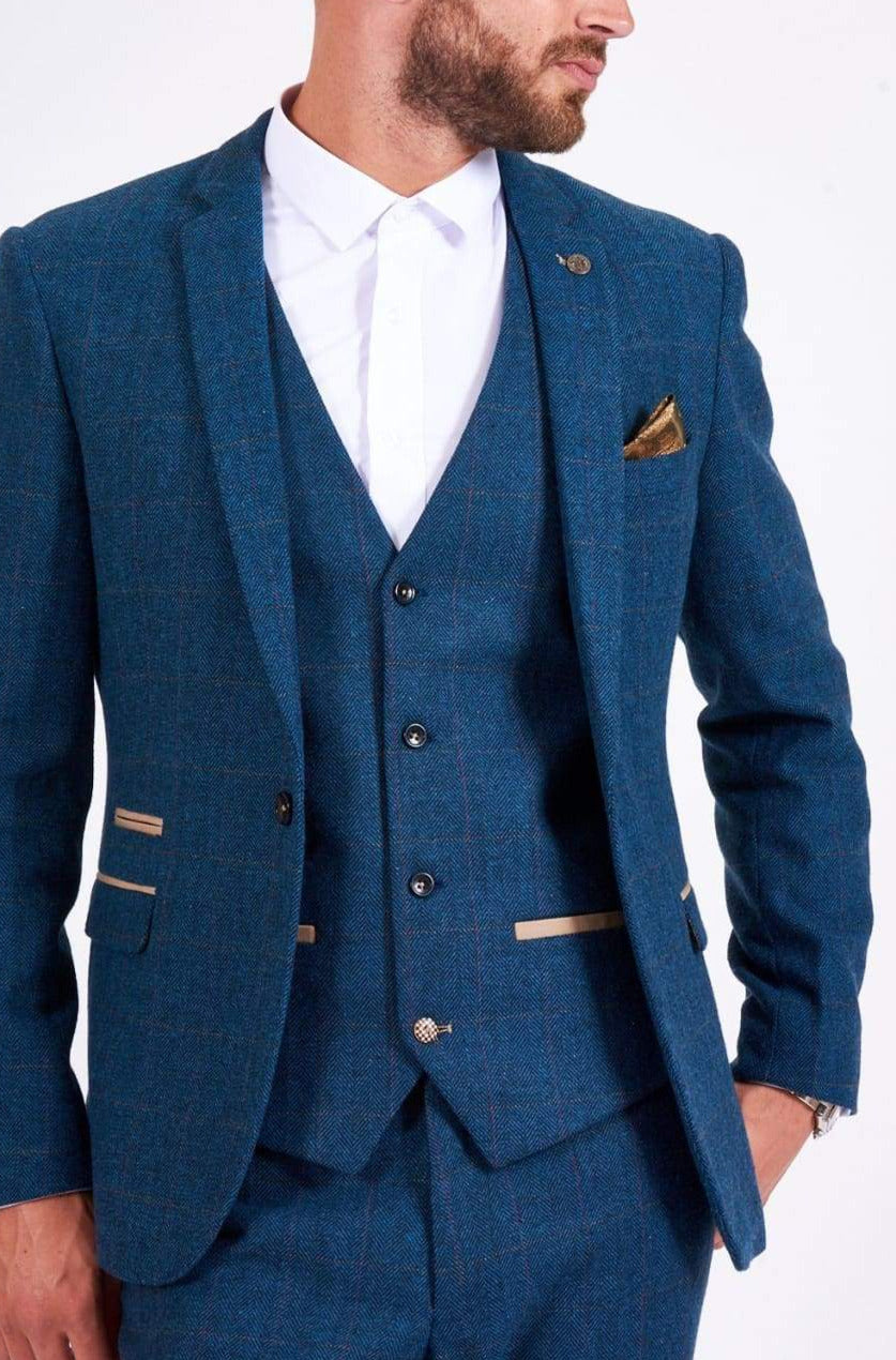 Marc Darcy Dion Men's Blue Tweed Blazer Slim Fit Single Breasted Jacket - Perfect for Business Meetings, Weddings & Formal Events