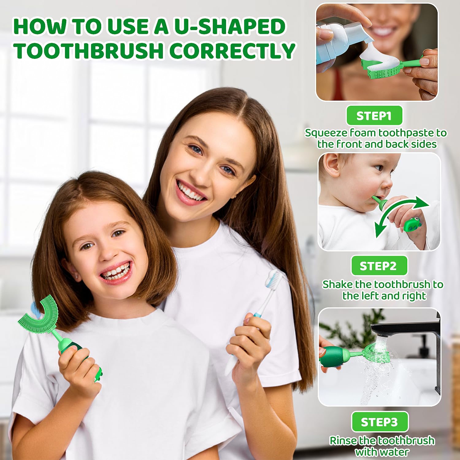U-Shaped Toothbrush for Kids Ages 2-7 | Soft Food-Grade Silicone for Sensitive Gums | 360° Teeth Cleaning Design | Training & Travel-Friendly Toddler Toothbrush (Green) | Perfect for Home, School & Vacation Use