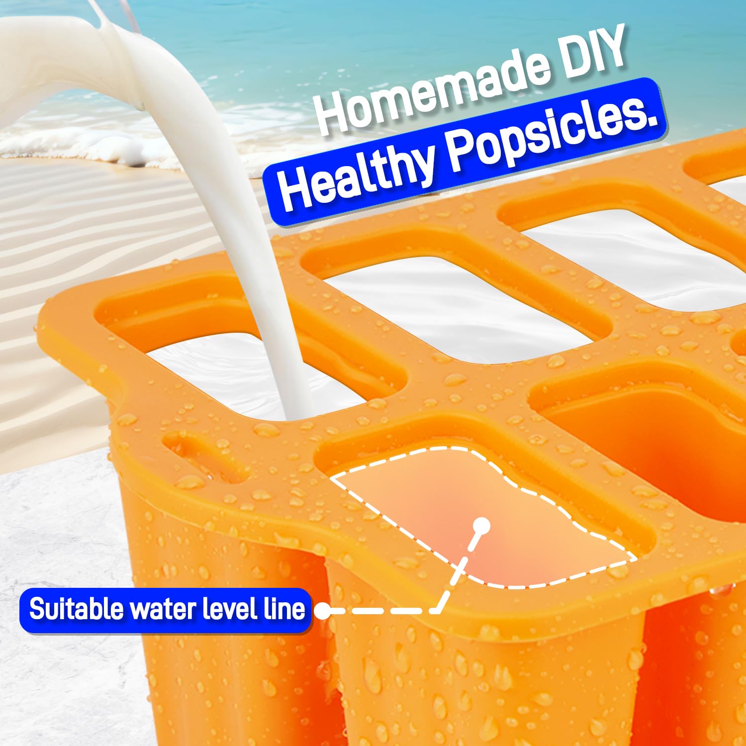BPA-Free Silicone Popsicle Molds - 10 Cavity Reusable Ice Pop Molds with Sticks for Homemade Frozen Treats | Food Grade Safe | Perfect for Summer Snacks, Kids Parties & Healthy Desserts (Orange)
