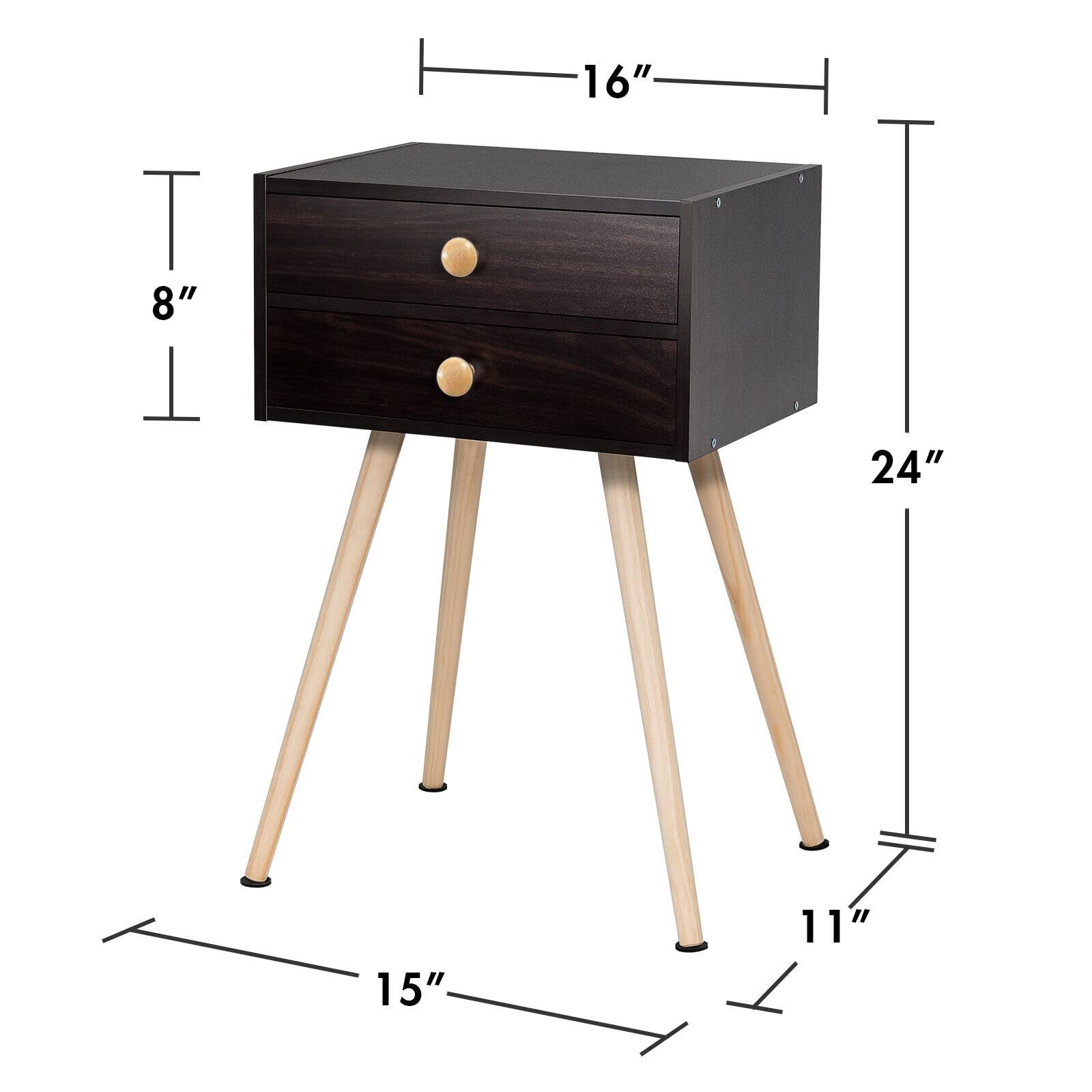 Mid Century Modern Nightstand with 2 Drawers & Solid Wood Legs - Compact Bedside Table for Small Spaces - Espresso Finish End Table for Bedroom & Living Room - Perfect for Storage & Home Decor