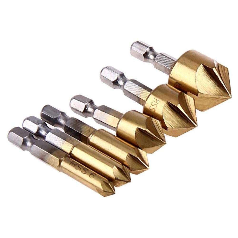 6pcs HSS Chamfer Drill Bit Set - 90 Degree Countersink Bits with Hex Shank (6mm-19mm) for Woodworking, Metal Drilling & DIY Projects