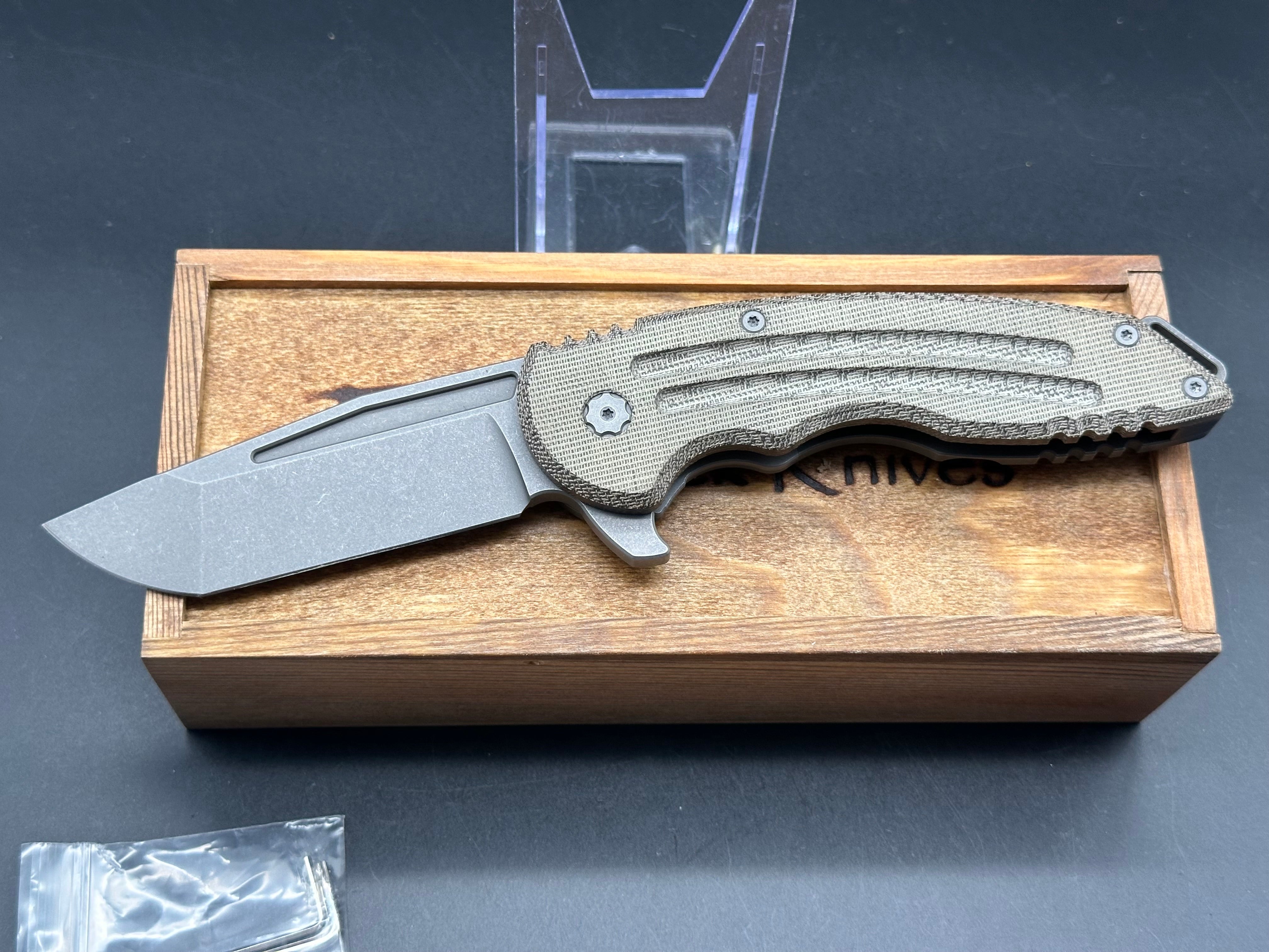 Jake Hoback Husky Folding Knife - Nitro V Stonewash Blade & Titanium Green Micarta Handle - EDC, Outdoor, Camping, Survival Gear