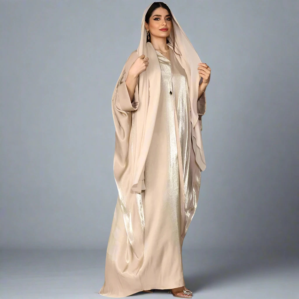 Elegant Satin Batwing Sleeve Farasha Cardigan Open Abaya Dress for Women - Perfect for Prayer, Evening Parties & Special Occasions