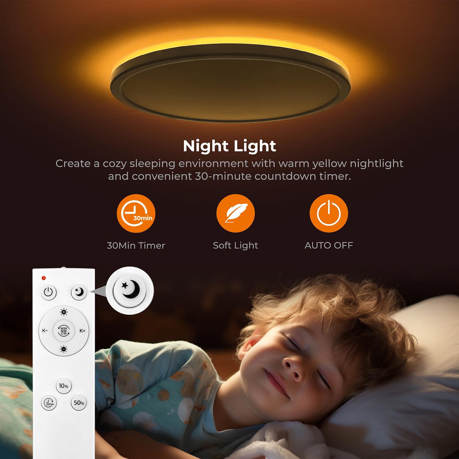 12in LED Flush Mount Ceiling Light with Remote Control - 2000K Warm to 6500K Adjustable Color Temperature, Ultra-Thin Design for Bedroom, Kitchen, Living Room - Perfect for Ambient Lighting and Nighttime Use