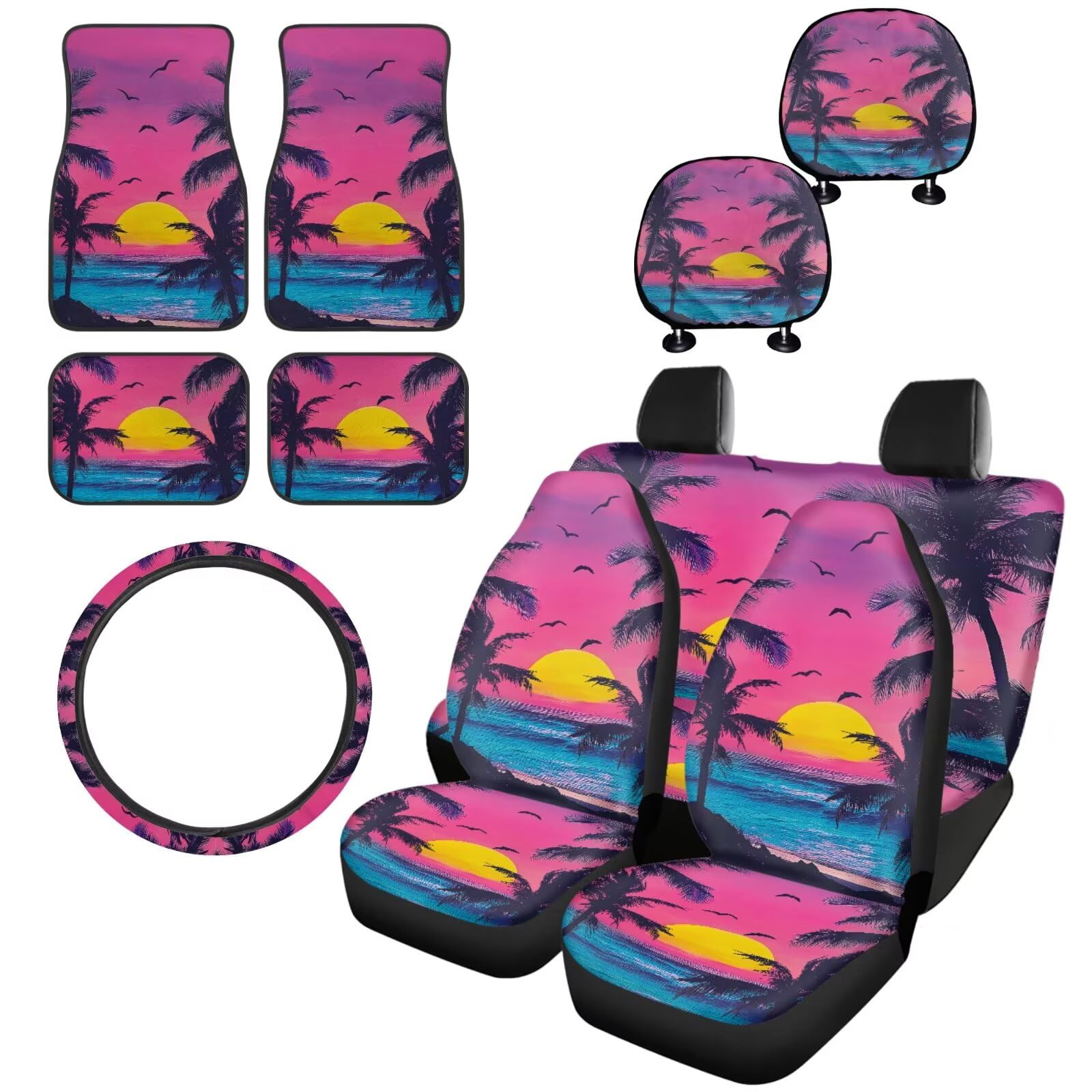 Pensura Beach Sunset Palm Tree Universal Car Seat Covers - Fits Most Sedans, SUVs & Vans - Front & Rear Bench Protector with Steering Wheel Cover & Headrest Covers - Complete Car Interior Set for Beach Trips & Summer Road Travel