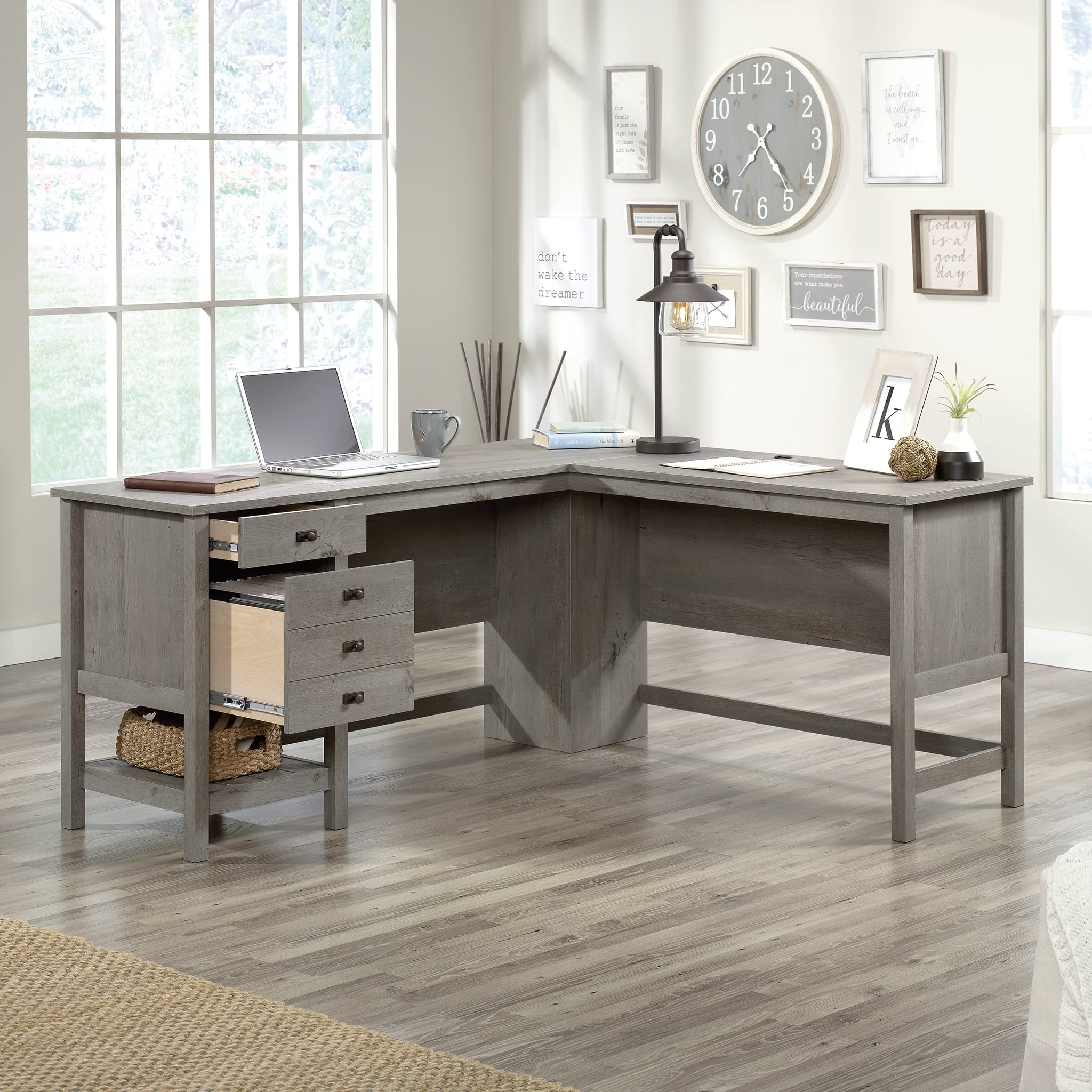Sauder Cottage Road L-Shaped Computer Desk with Drawers & File Cabinet - Home Office Desk with Cable Management in Mystic Oak Finish - Perfect for Small Spaces & Remote Work