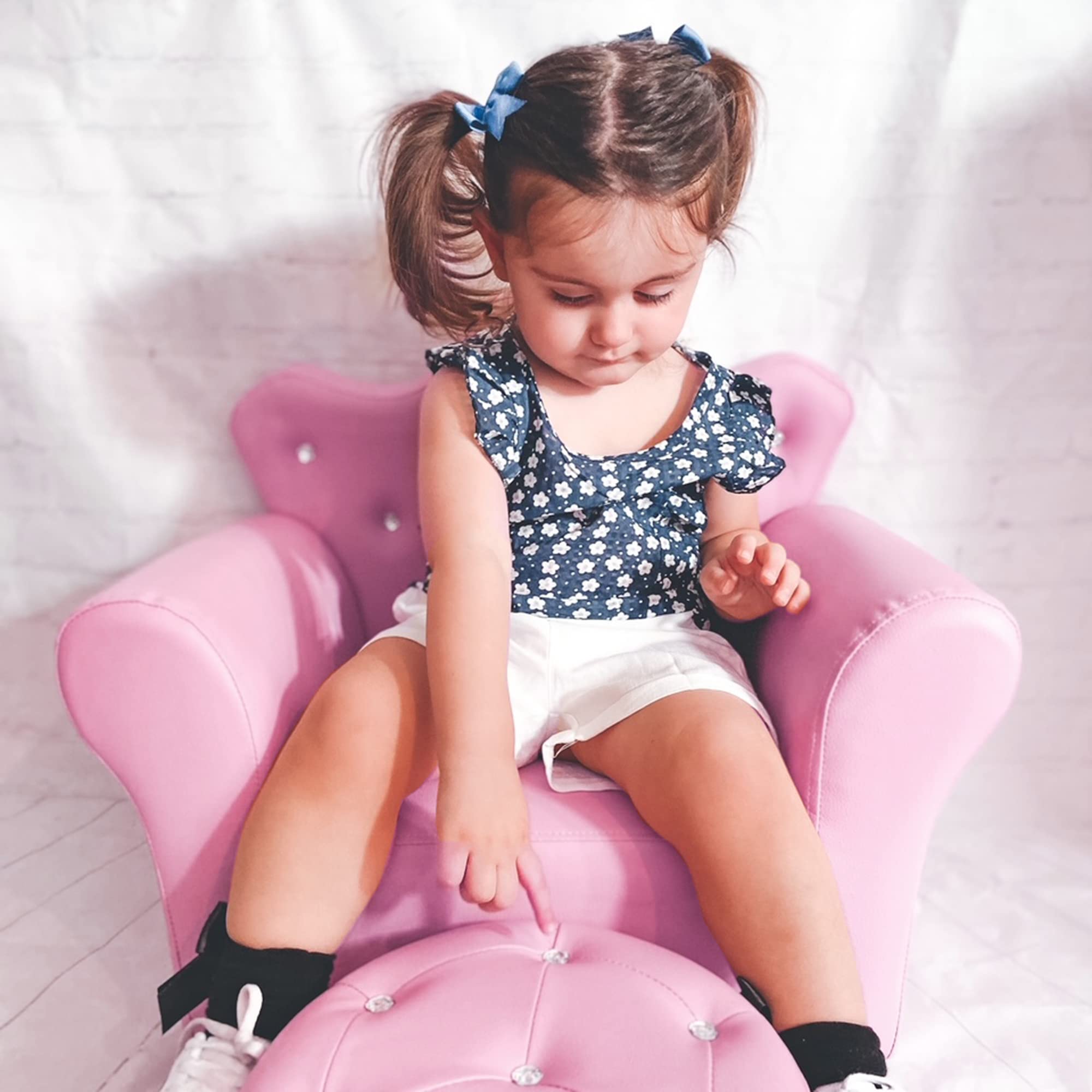 Qaba Kids Sofa Set - Pink Upholstered Princess Sofa with Footstool & Diamond Decorations, Toddler Chair for Girls & Boys, Perfect for Playroom, Bedroom & Nursery Decor