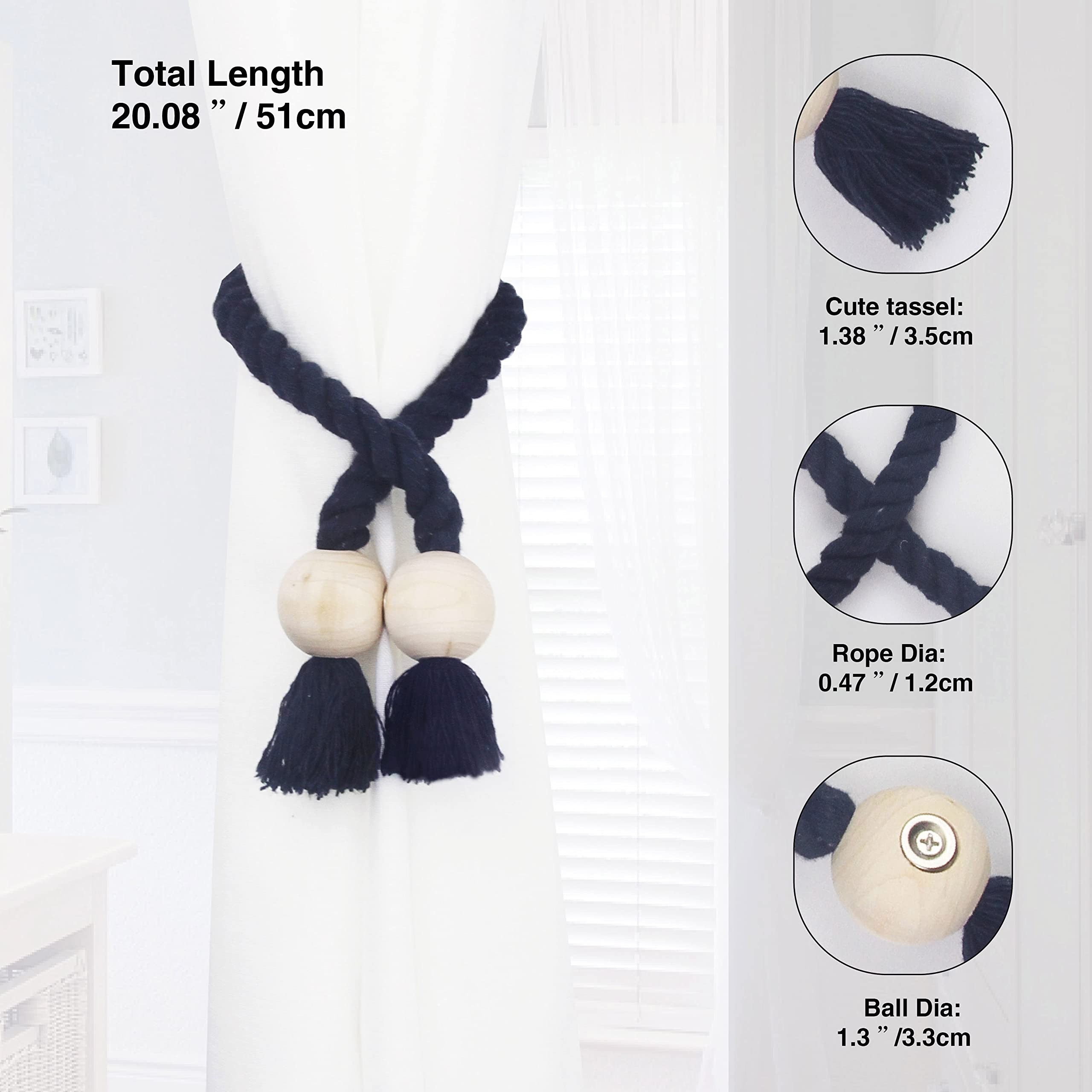 4 Pack Navy Blue Magnetic Curtain Tie Backs - Hand Woven Cotton Decorative Rope Holdbacks for Drapes & Curtains, No Tools Required - Perfect for Living Room, Bedroom & Window Decor