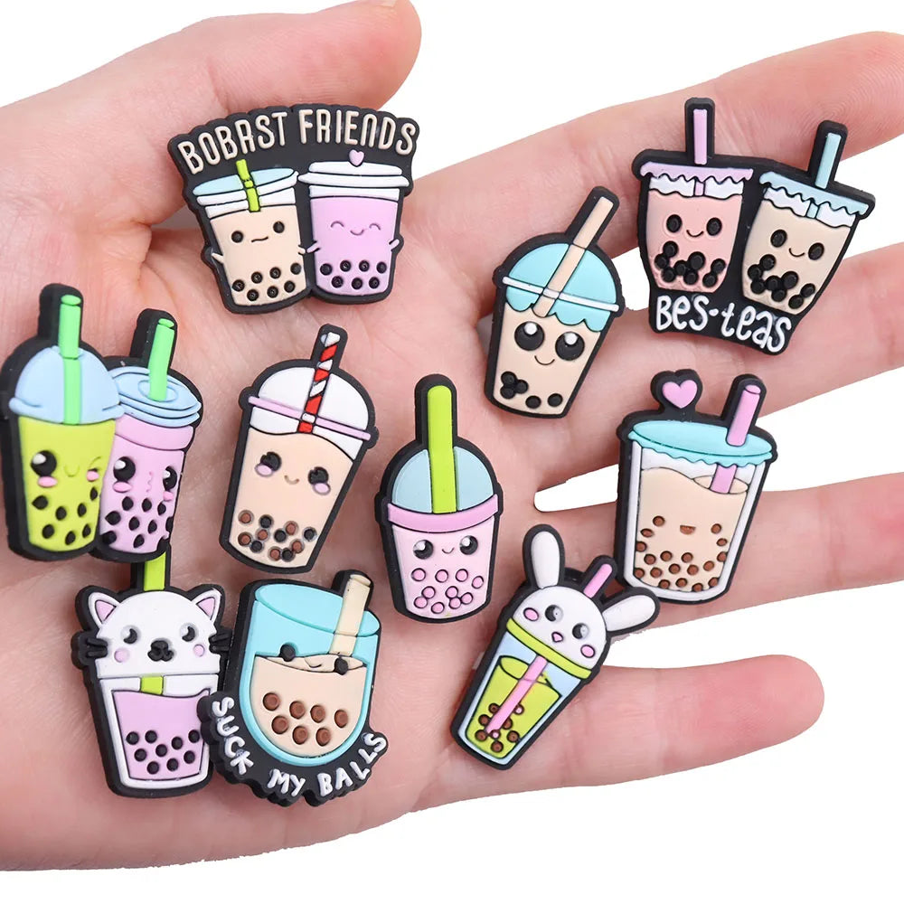 1PCS PVC Shoe Charms - Cute Bubble Tea Drink Rabbit Heart Sandals Decoration for Wristbands & Slippers | Fun Accessories for Kids, Girls Gift Ideas | Perfect for DIY Crafts, Party Favors & Fashion Styling