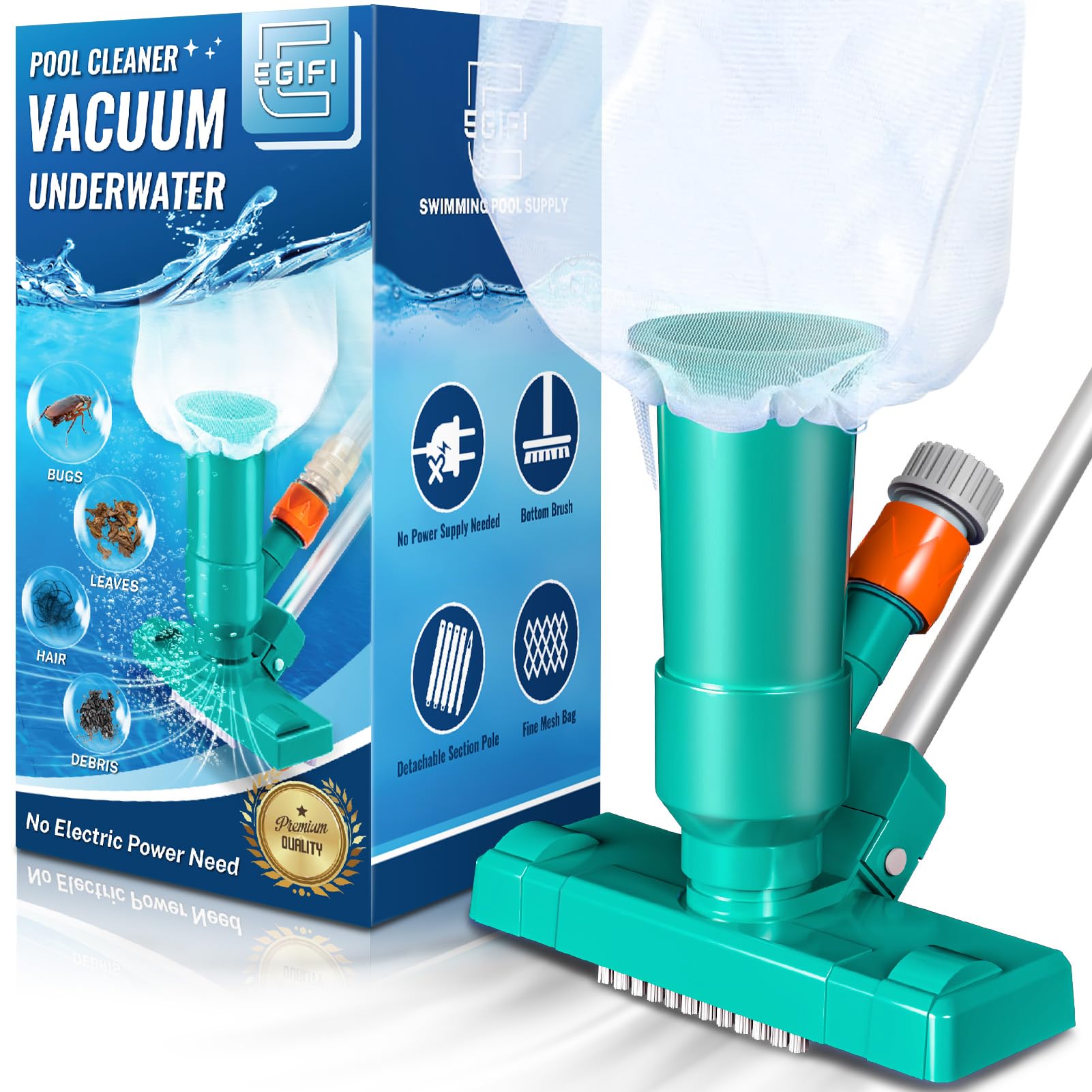 Portable Above Ground Pool Vacuum Cleaner with 3 Scrub Brushes, Mesh Bag & 47