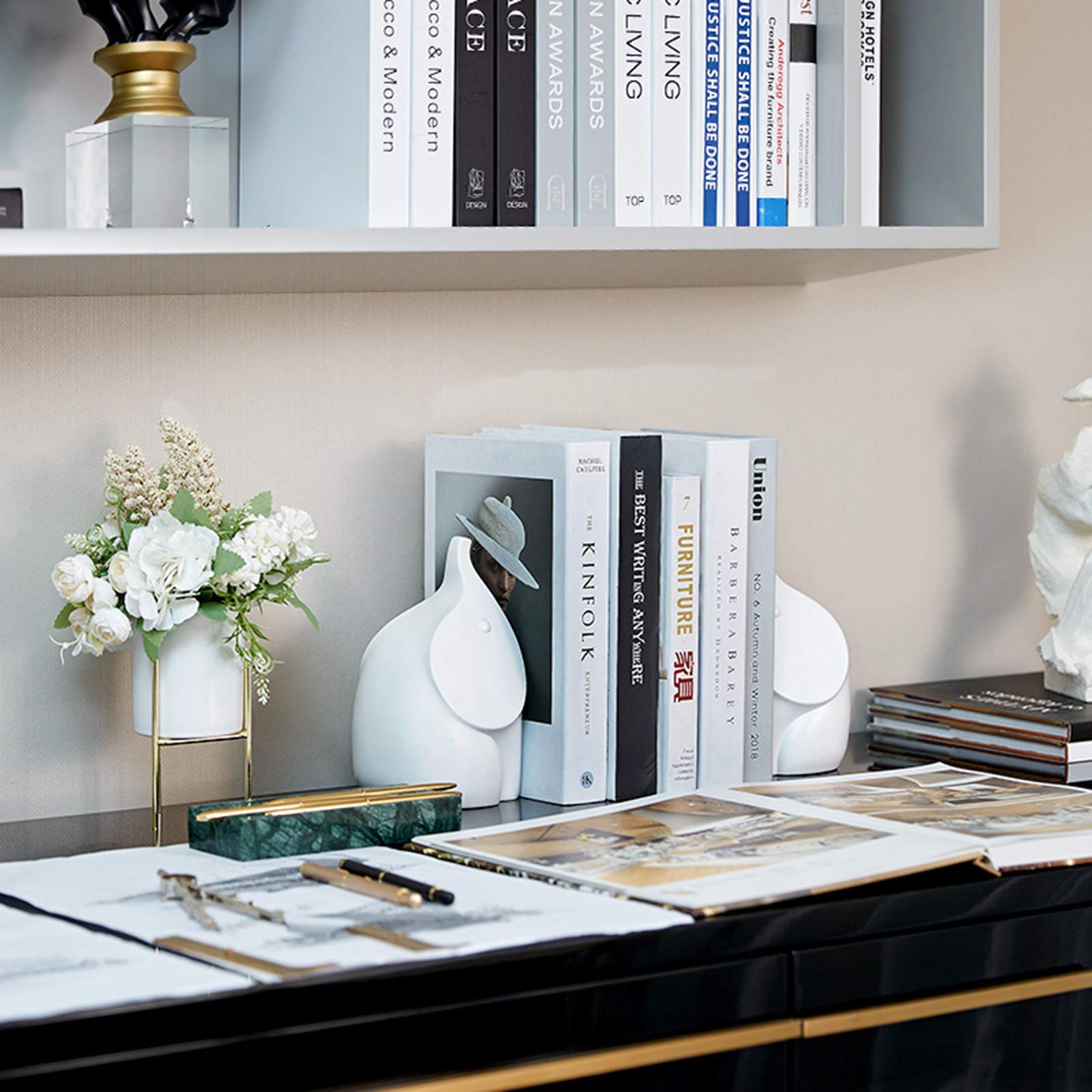 Modern Abstract Elephant Bookends for Heavy Books - Sturdy Book Supports for Shelves, Home Office & School Decor - 1 Pair - Perfect for Organizing Books, Displaying Collectibles & Adding Style to Any Space