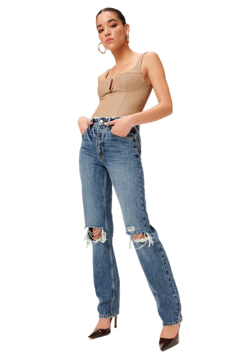 Good American Women's 90s High-Rise Destroyed Straight Leg Jeans - Vintage Distressed Denim for Casual Outfits & Streetwear Fashion