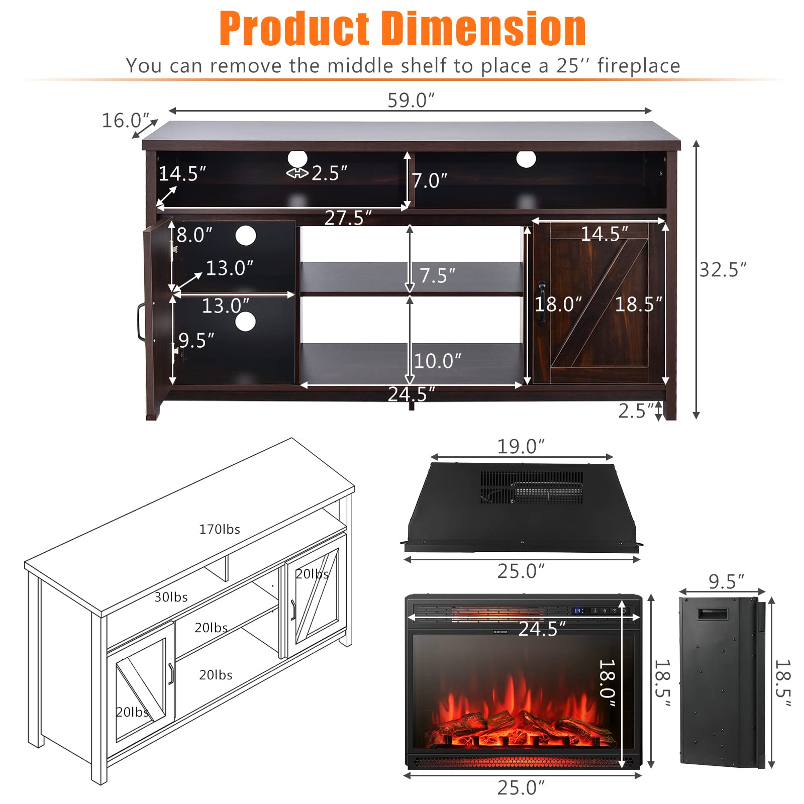 Tangkula 65 Inch Electric Fireplace TV Stand with 25