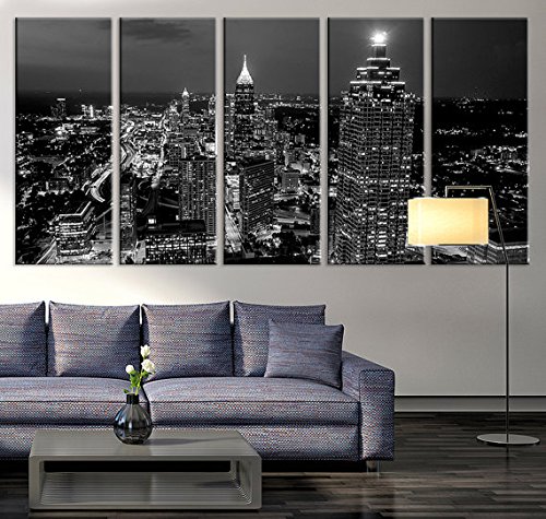 Extra Large Atlanta Night Canvas Art Print - Black & White City Skyline Wall Decor (60x32 Inch) - Perfect for Living Room, Bedroom, or Office Modern Art Display