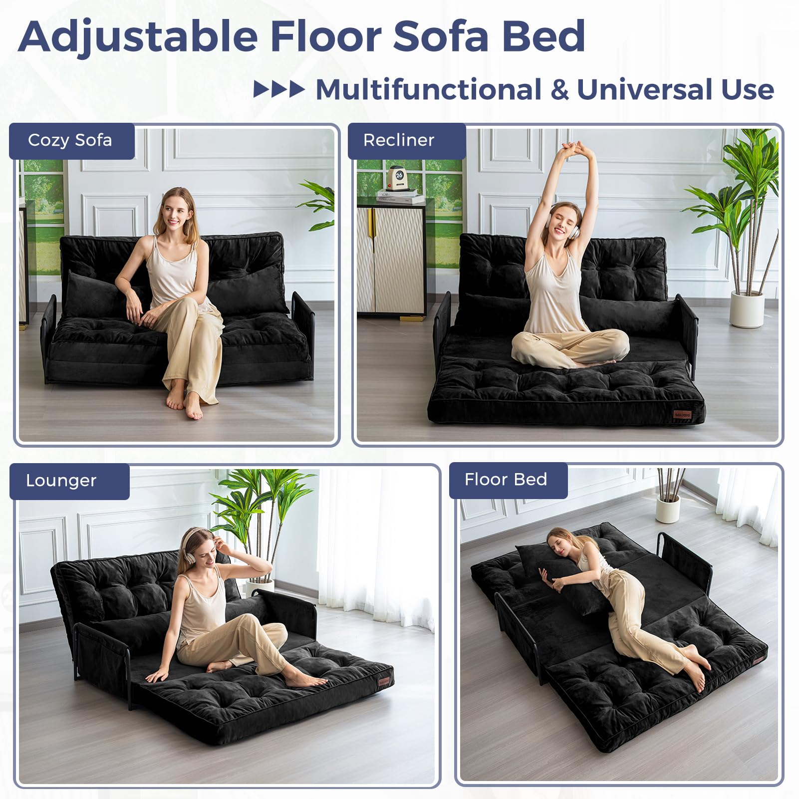 MAXYOYO Adjustable Floor Sofa Couch - Velvet Convertible Lazy Sofa Sleeper Bed with Pillows & Armrests, Double Size in Black | Perfect for Small Spaces, Living Rooms & Guest Beds