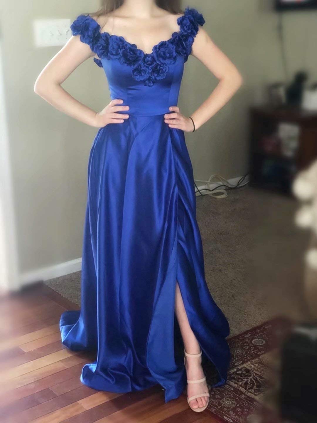 Elegant Floral A-Line Off-The-Shoulder Satin Prom Dress - Long Formal Evening Gown with High Slit in Vibrant Orange | Perfect for Homecoming, Wedding Guest & Special Occasions