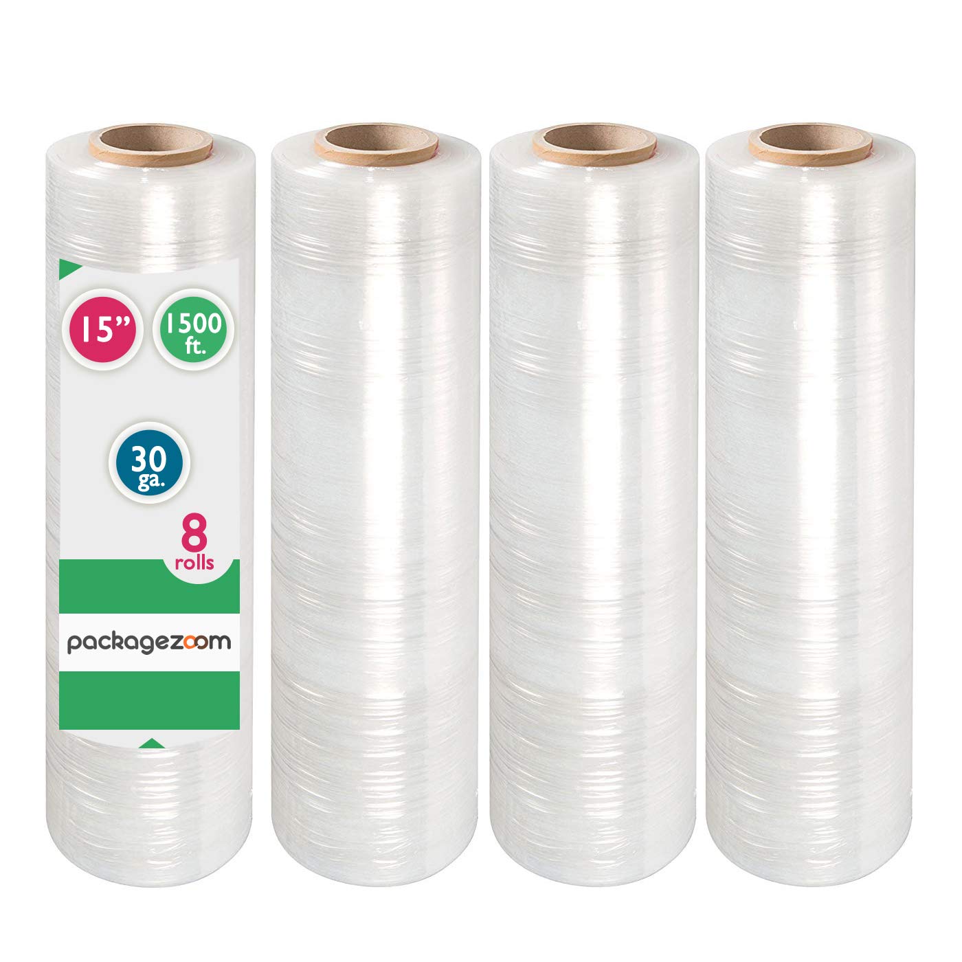 PackageZoom Pre-Stretched 15” x 1500 ft Clear Stretch Wrap Film - 8 Rolls Heavy Duty Cling Plastic for Moving, Shipping & Packaging | Secure Boxes, Pallet Wrapping & Storage Organization