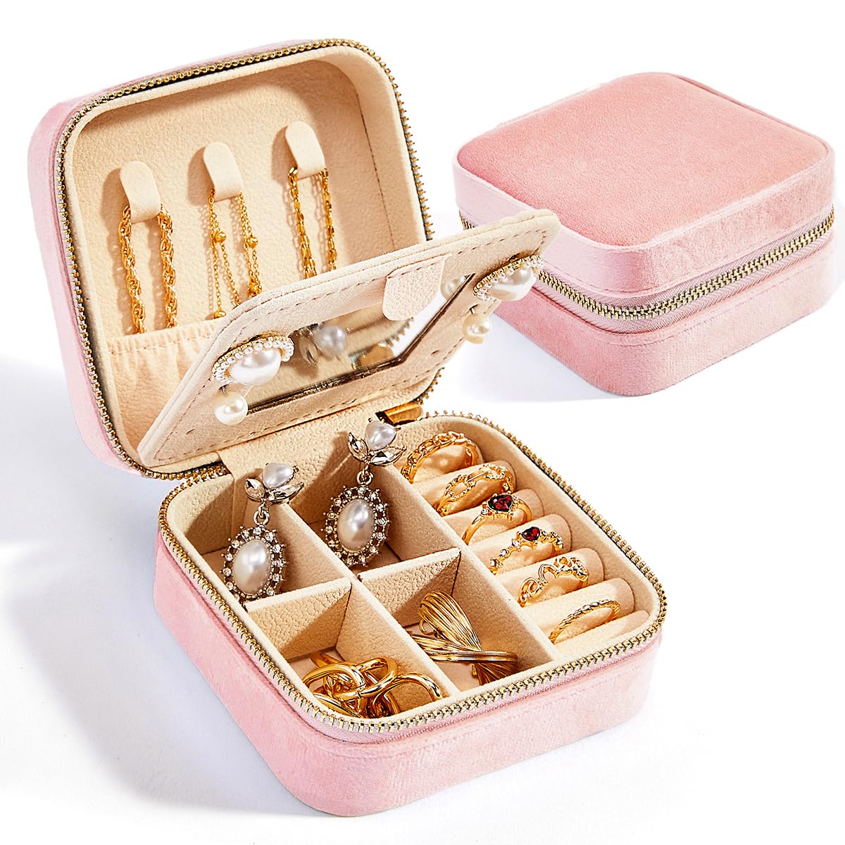 Velvet Jewelry Box with Mirror - Portable Travel Jewelry Organizer for Women & Girls - Small Jewelry Case for Rings, Earrings, Necklaces & Bracelets - Perfect for Travel, Gifts & Daily Storage
