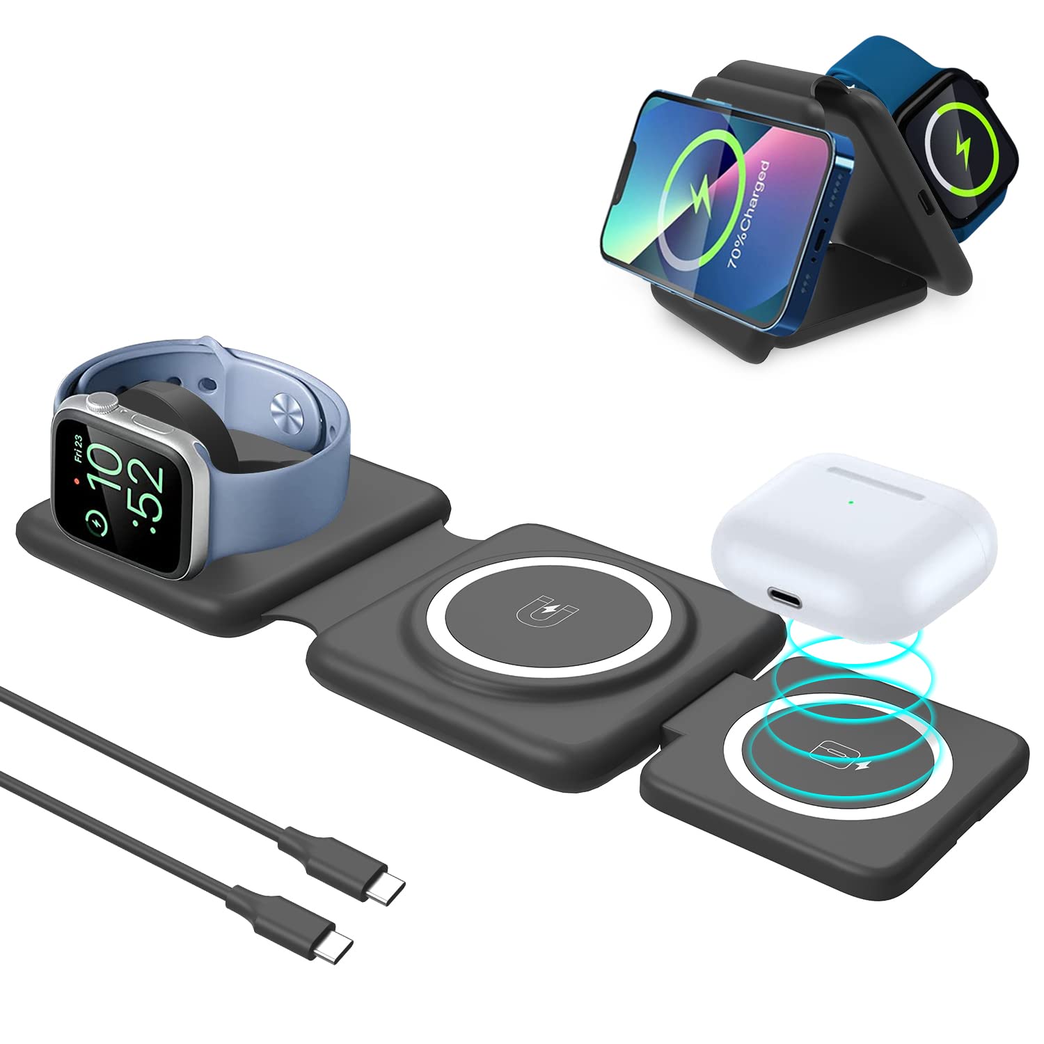 3-in-1 Magnetic Fast Wireless Charging Station - Foldable Wireless Charger for iPhone 16/15/14/13/12 Pro Max, Apple Watch & AirPods (Black) | Perfect for Home, Office & Travel | Adapters Not Included