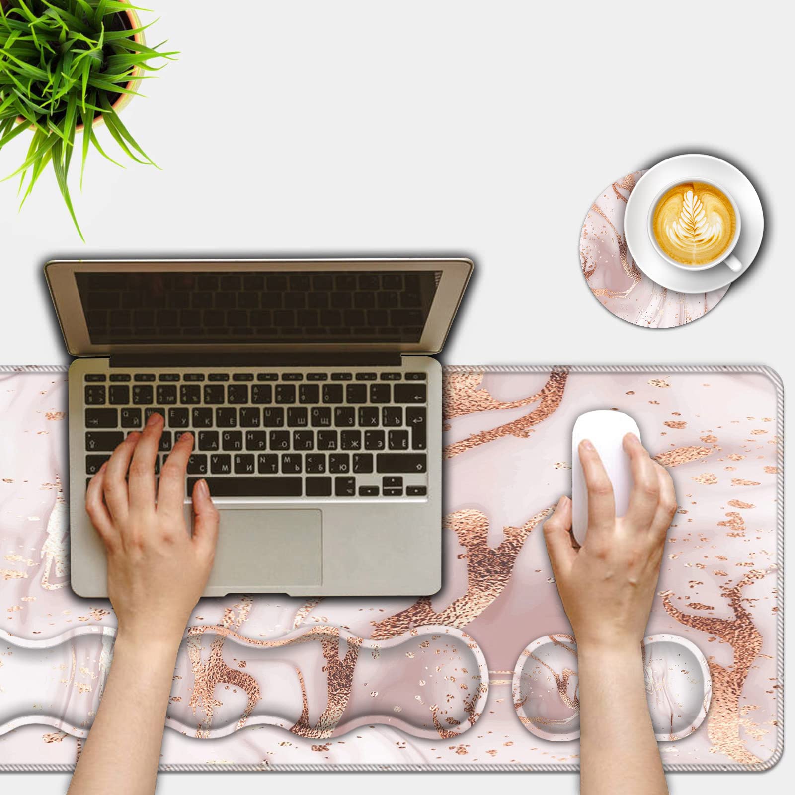 Premium Mouse Pad Set - 31.5×11.8 Inch Large Desk Mat with Keyboard & Mouse Wrist Rest Support + Coaster - Rose Gold Marble Design for Office, Home, Computer & Laptop Use - Perfect for Gaming, Work & Study Sessions
