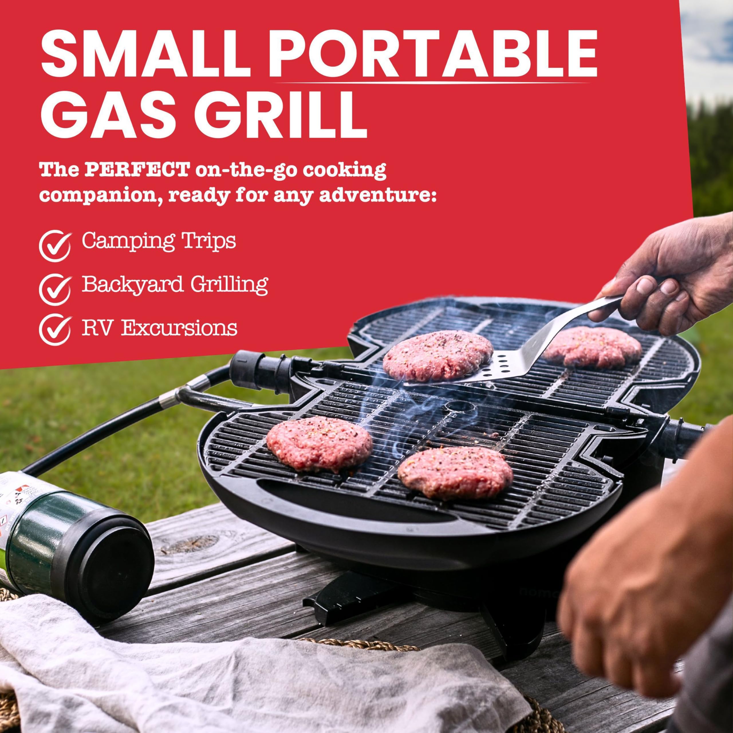 NomadiQ Portable Propane Gas Grill - Compact Outdoor BBQ Grill for Camping, Tailgating, RV Travel & Boating | Lightweight Mini Gas Barbecue | Perfect for Picnics, Backyard Parties & Beach Cookouts